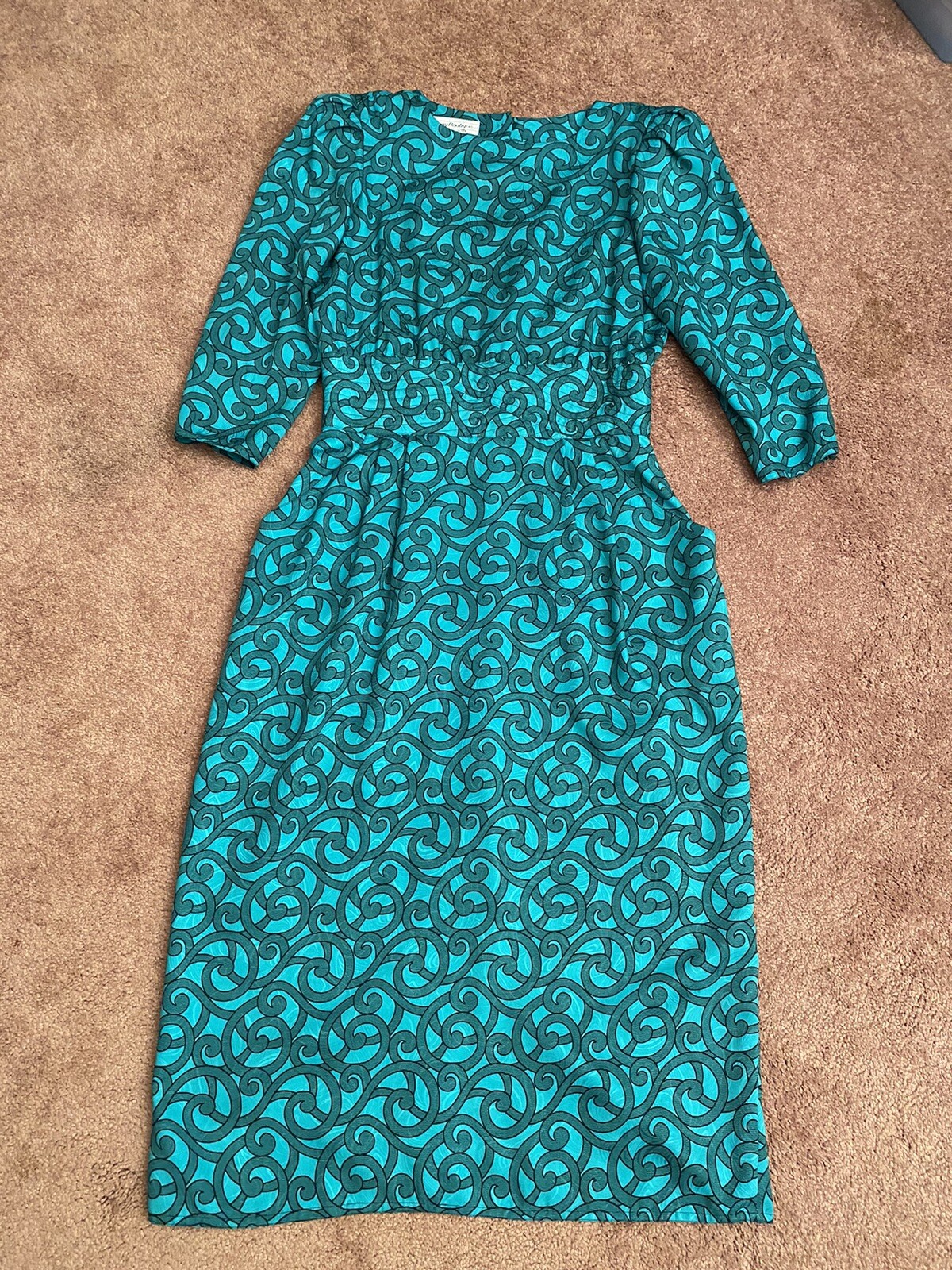 Vintage 80s Dress Green With Banded Waist by Maggie Boutique Size 12 Modest