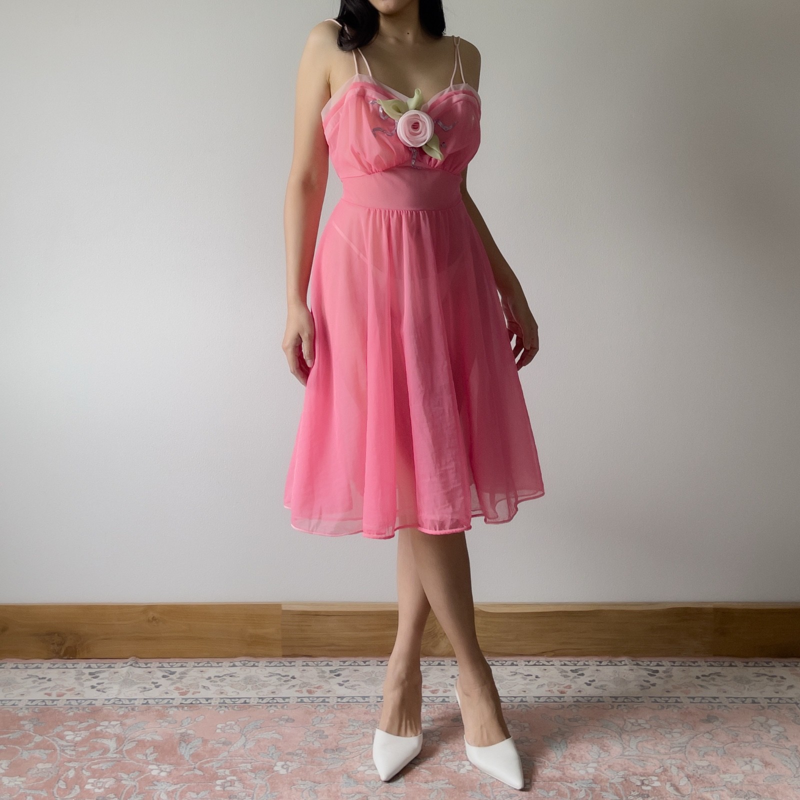 Vintage 1980s Pink Chiffon Semi-Sheer Nightgown (S–M)