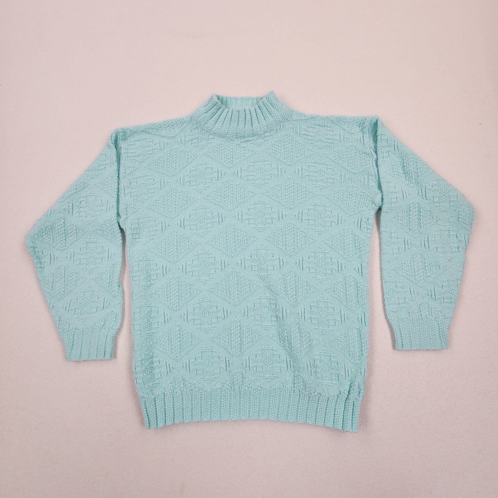 Vintage 80s SPUNKY Pastel Textured Mock Neck Sweater Aqua Blue USA Made