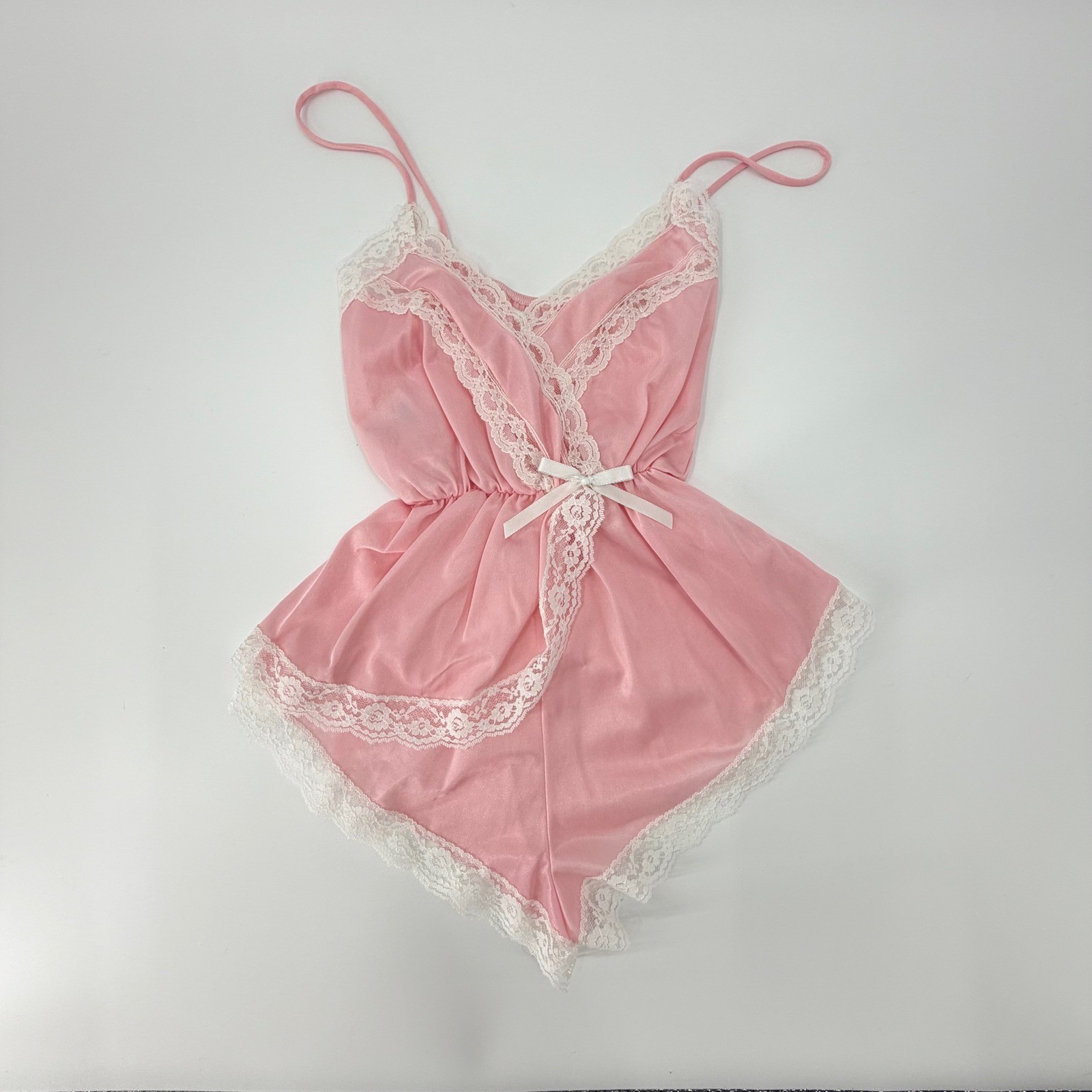 Coquette Suzy Star Vintage Pink Nylon Lace Trim Teddy Romper Lingerie