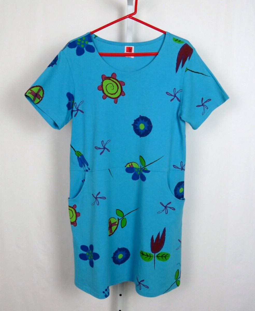 VTG 1980s 90s RED GINGER MEDIUM COTTON DRESS MOD FLOWERS ROPE BELT AQUA BLUE