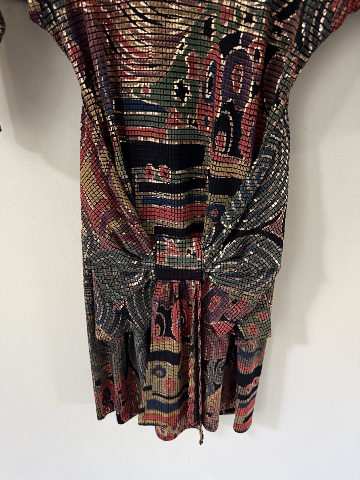 Vintage Cache Metallic Mosaic Dress Womens Size S Made In Italy 80s Midi