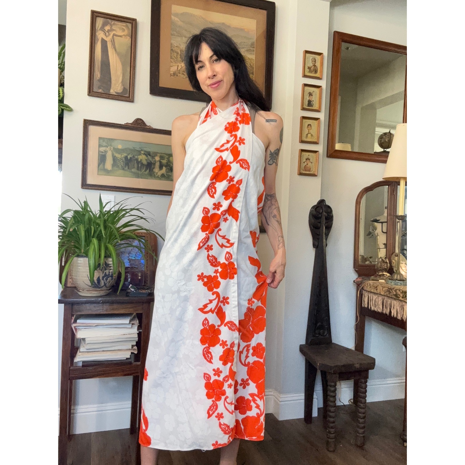 Vintage 60s 70s Hawaiian Palm wrap cover up sarong floral maxi dress