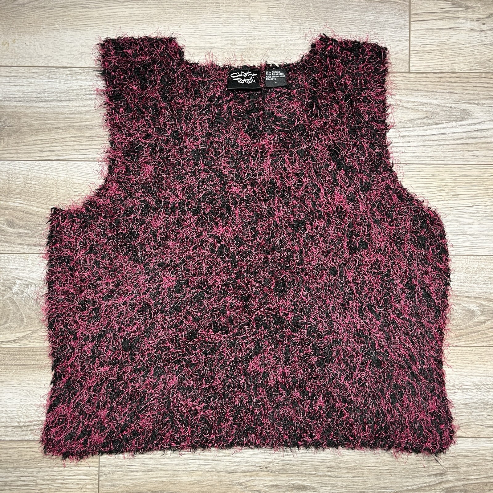 Vintage Christina Rotelli Fuzzy Sweater Vest Black Pink 90s Y2K VTG Acr/Poly