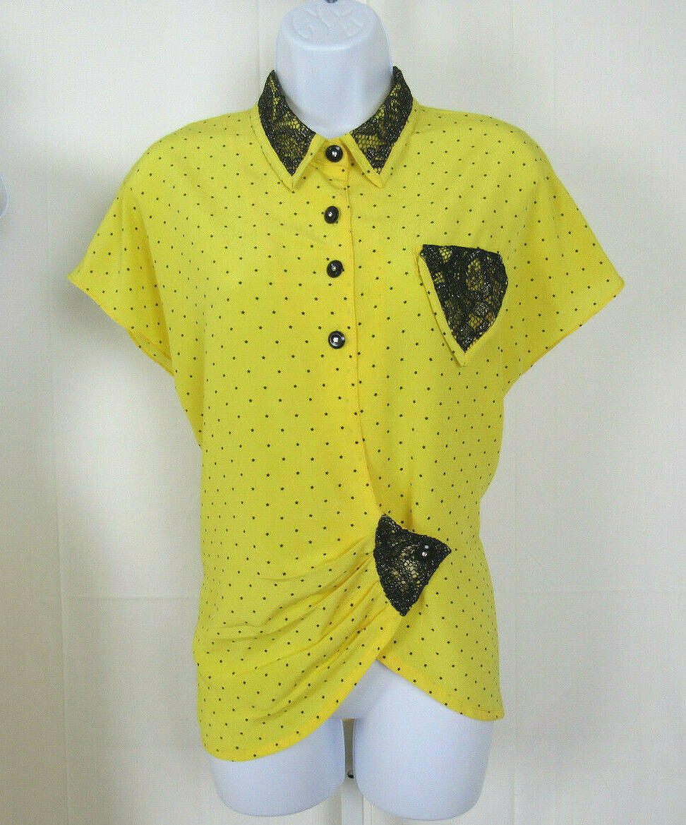 VTG 1980s GAUNILLO OF FRANCE DESIGNER SKIRT & TOP YELLOW BLACK & SILVER LACE
