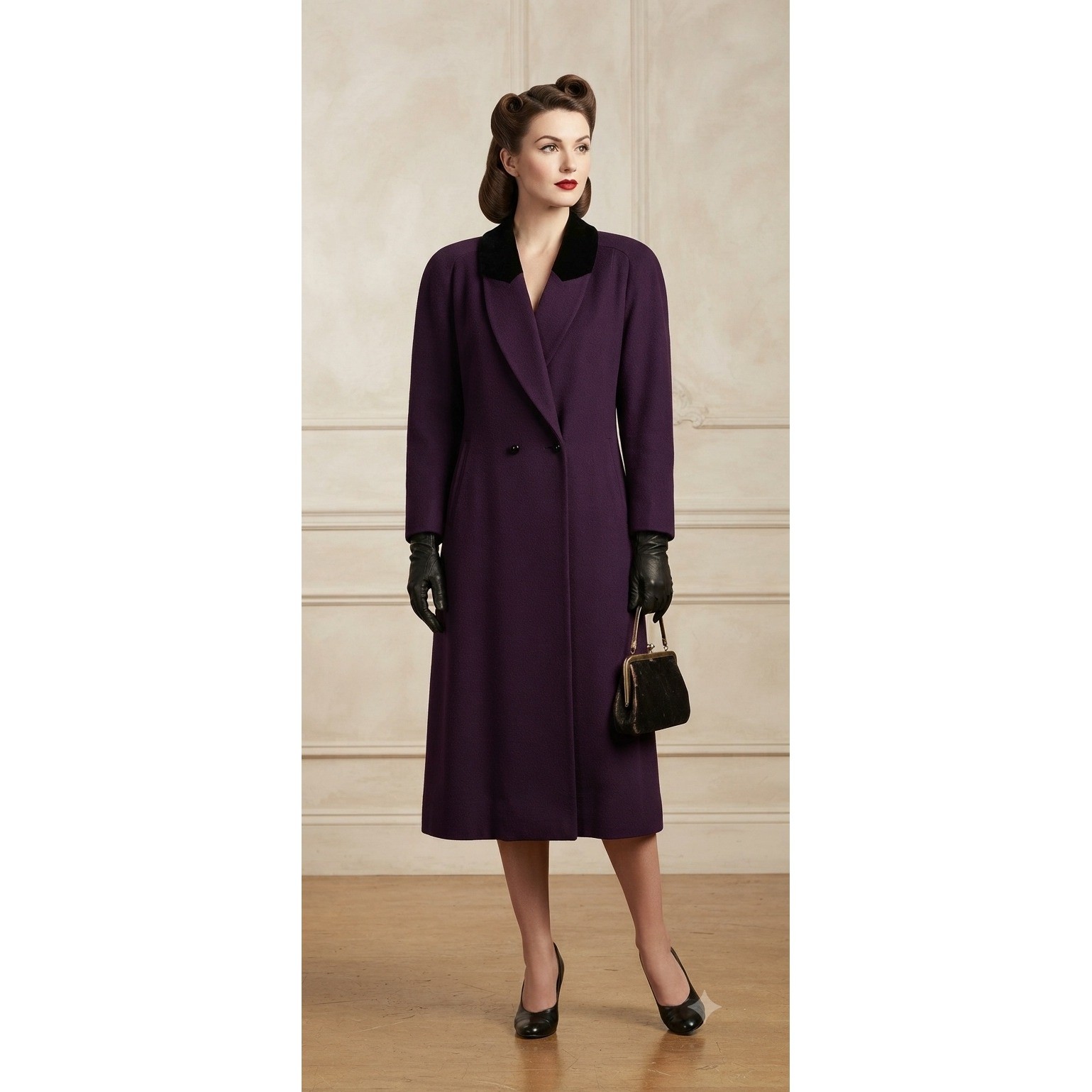 Lady Suzette Wool Blend Coat Womens XL Purple Velvet Collar VTG Long Overcoat