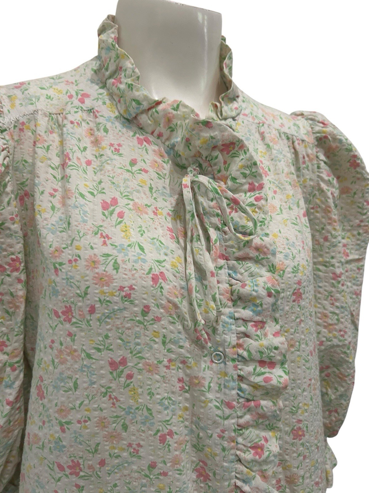 Vintage Cottagecore Floral Seersucker Housecoat Prairie Maxi Dress Ruffle M ^