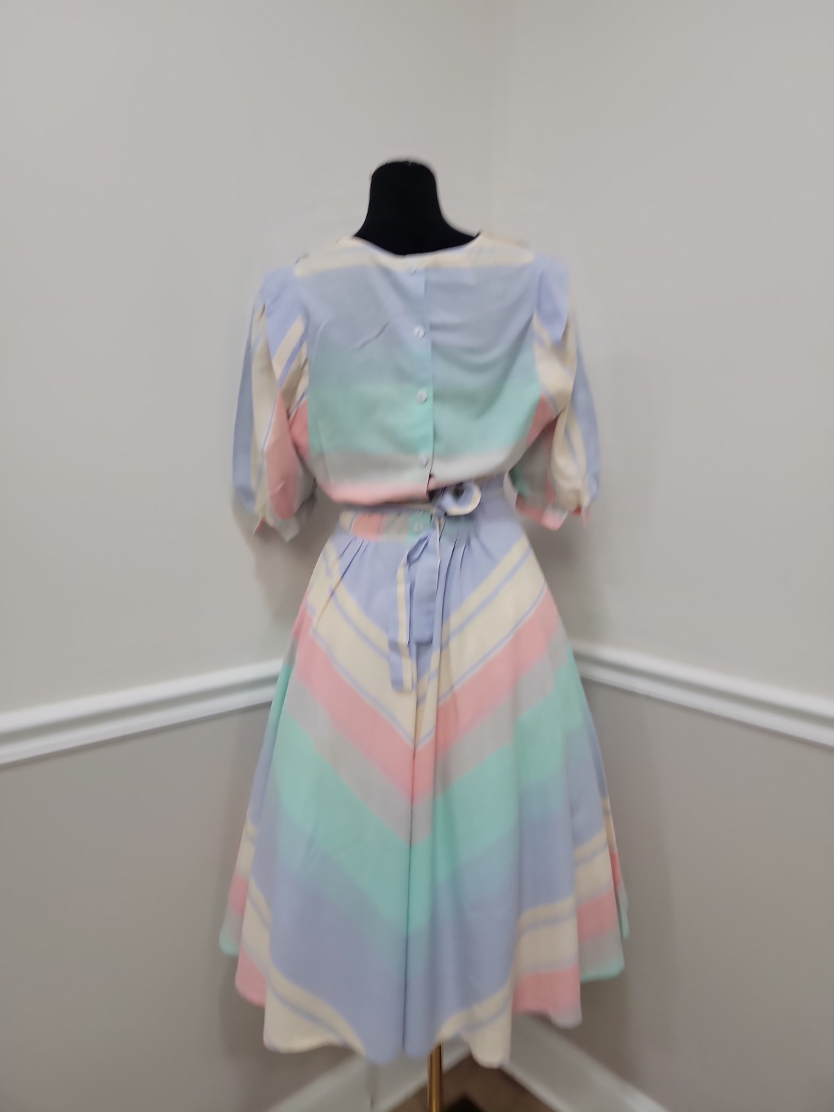 VTG 80s Pastel Stripe Fit & Flare Midi Dress Belted Cottagecore Prairie Secretar