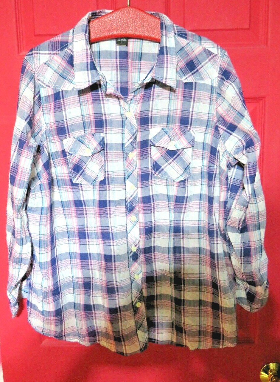 Torrid Button-Up Blouse -RN 120684 -Size 1- 100% Cotton-Blue/Purple/Pink Checker