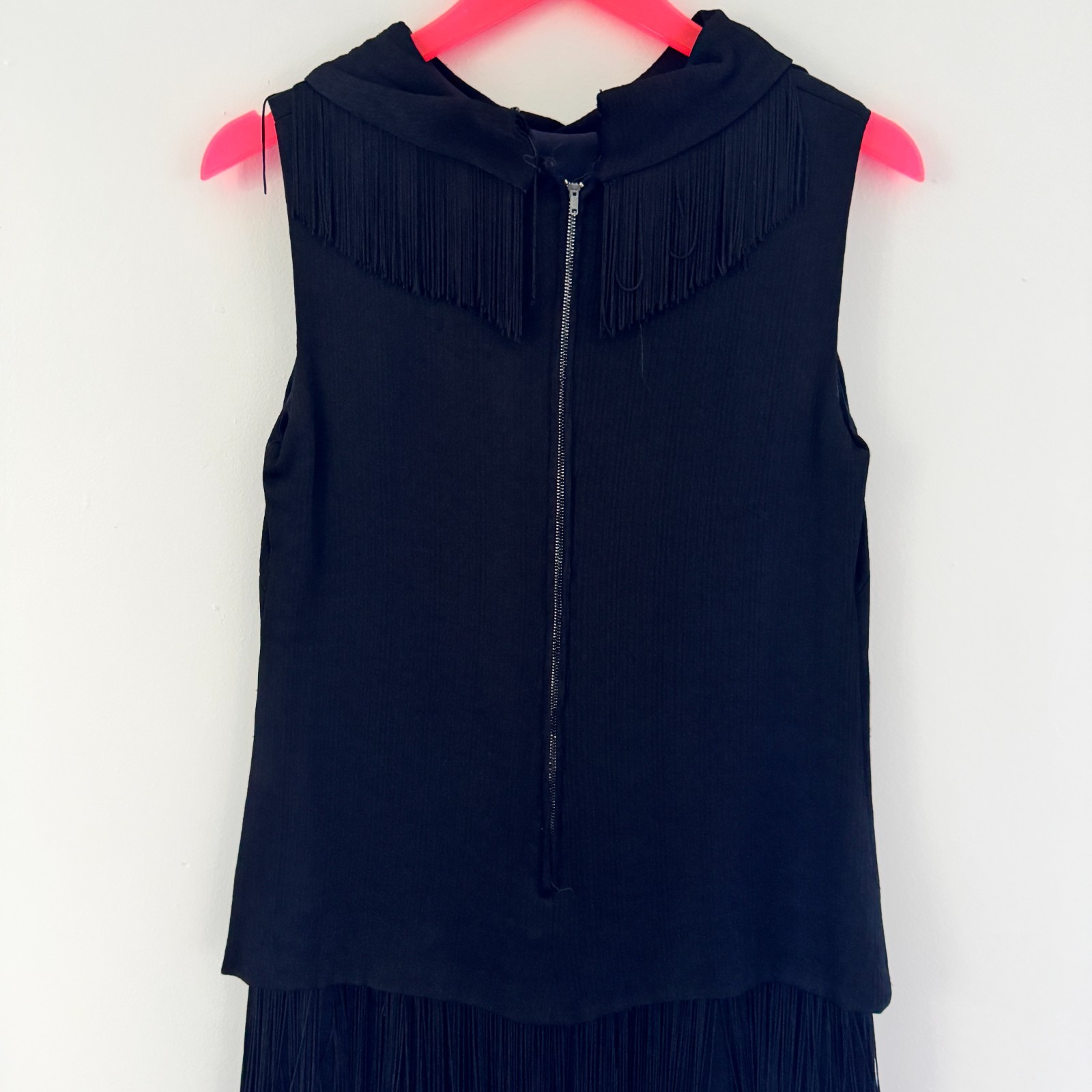 vtg 60s MISS THEME NY Black Go-Go Dancer FRINGE Mini Shift Dress Costume Mod LBD