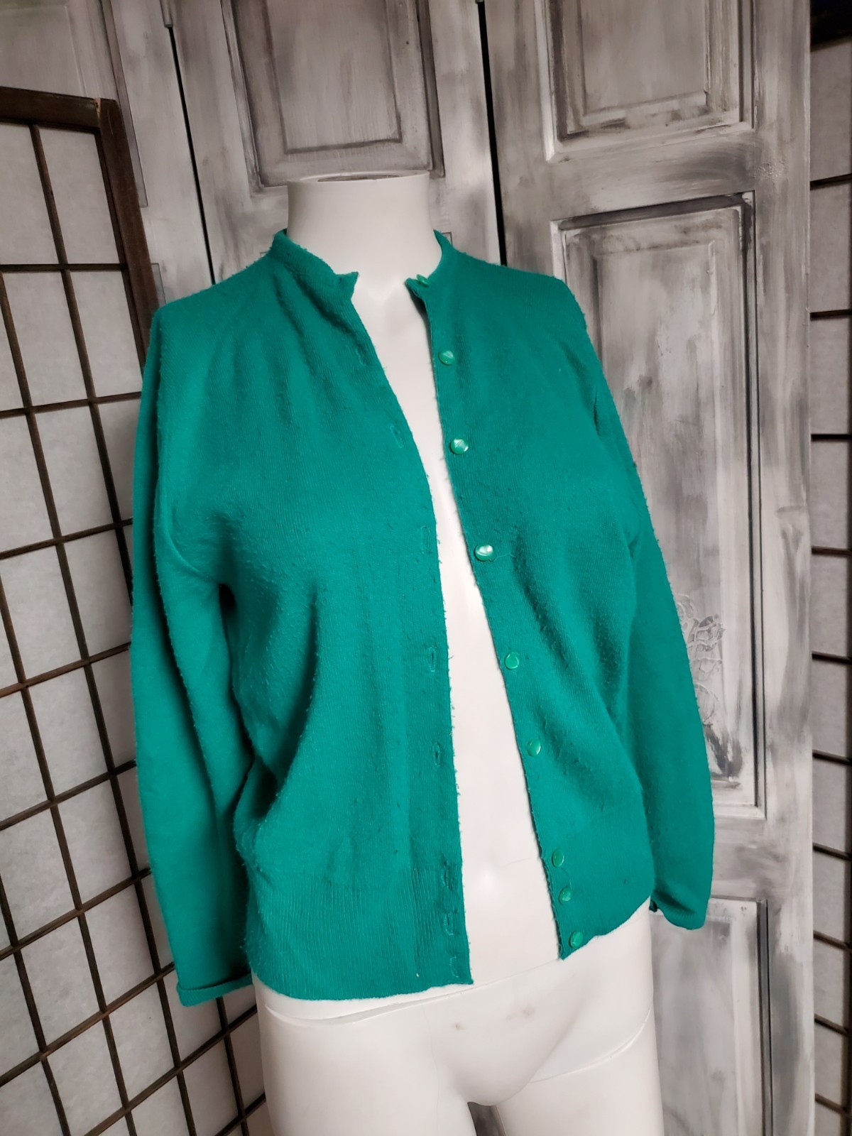 VTG 50’s Kelly Green knit Dupont Orlon cardigan sweater M Kitty-lon St Patrick’s