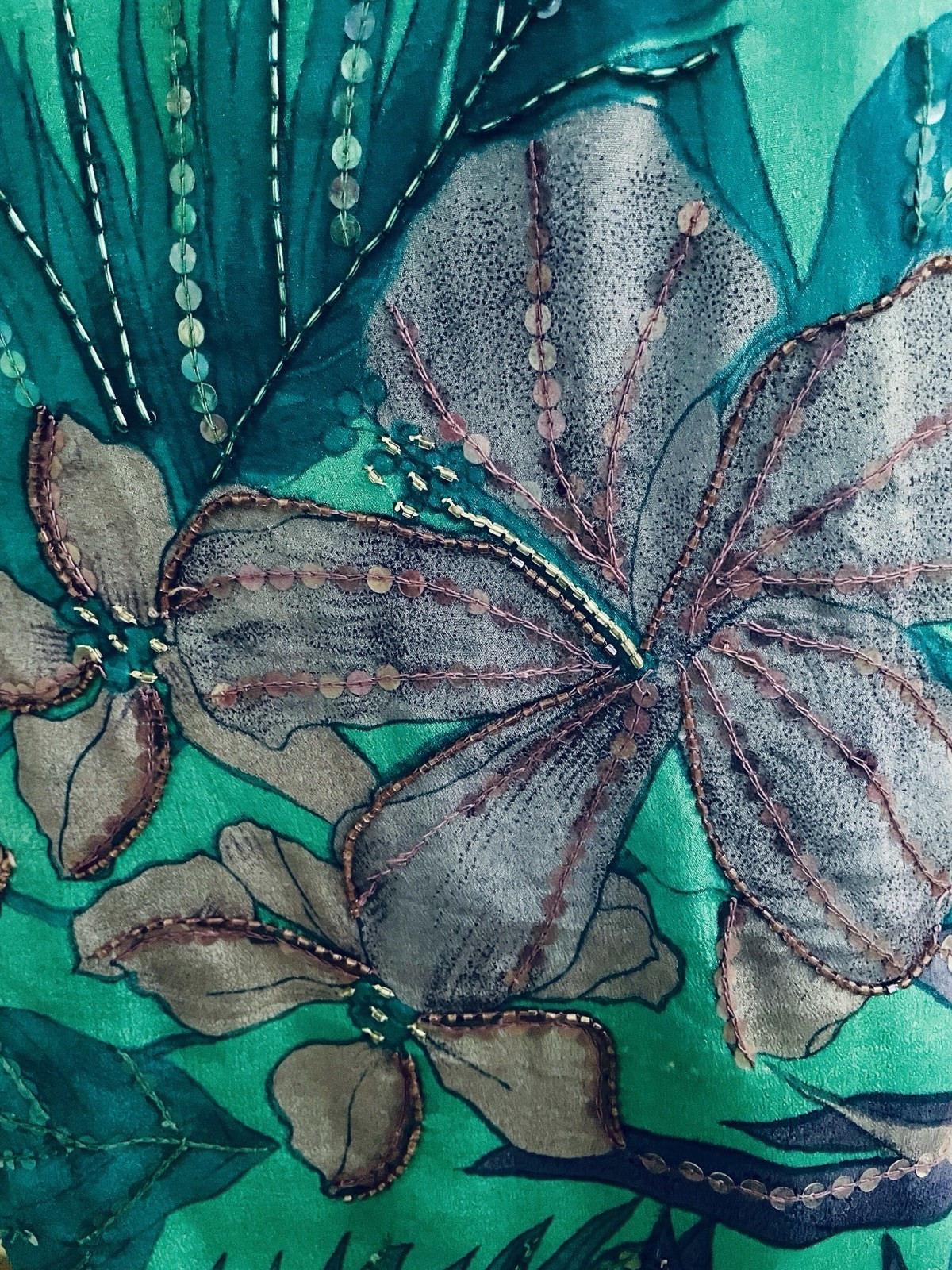 JUDITH ANN CREATIONS Vintage 80’s SILK Beaded TROPICAL Floral BLOUSE Size Small