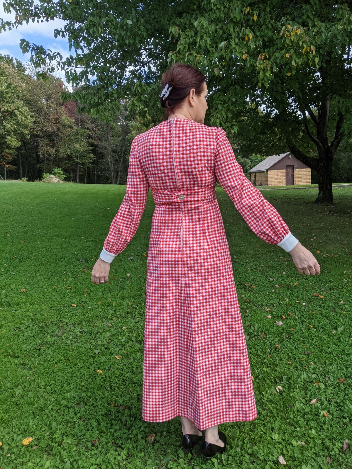 Vintage 1970s Primitive Country Cottagecore Dress Red Check Gingham Sz S