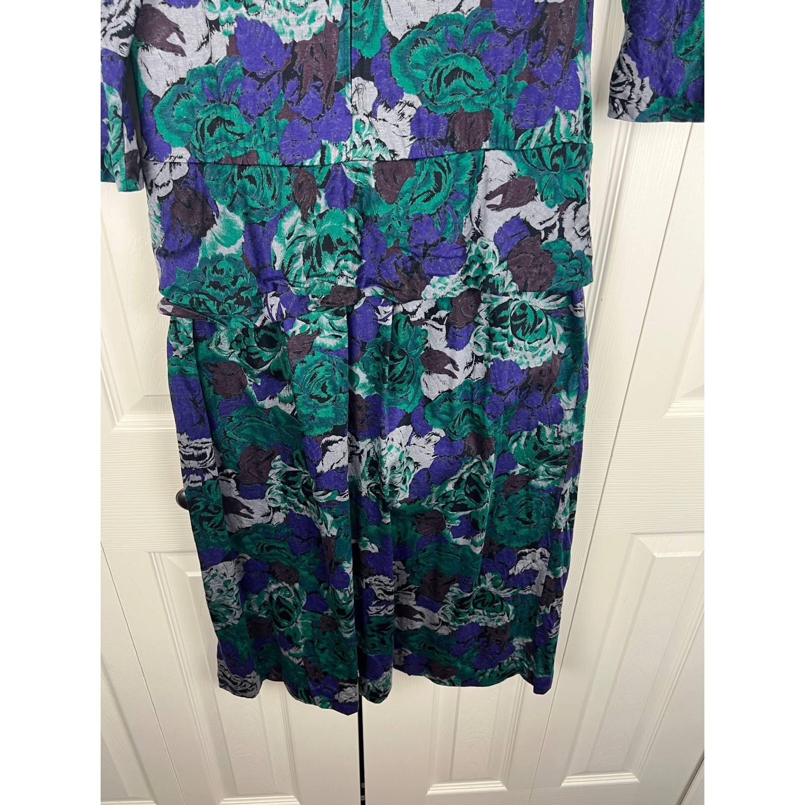 90s Floral Midi Dress Shoulder Pads Draped Waist Secretary Dress Rayon Medium