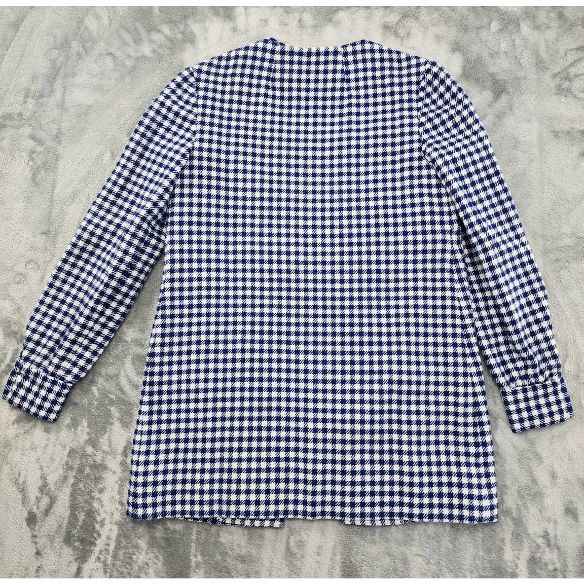 Vintage 60s Houndstooth Wool Collarless Open Front Blazer Jacket Size M Blue
