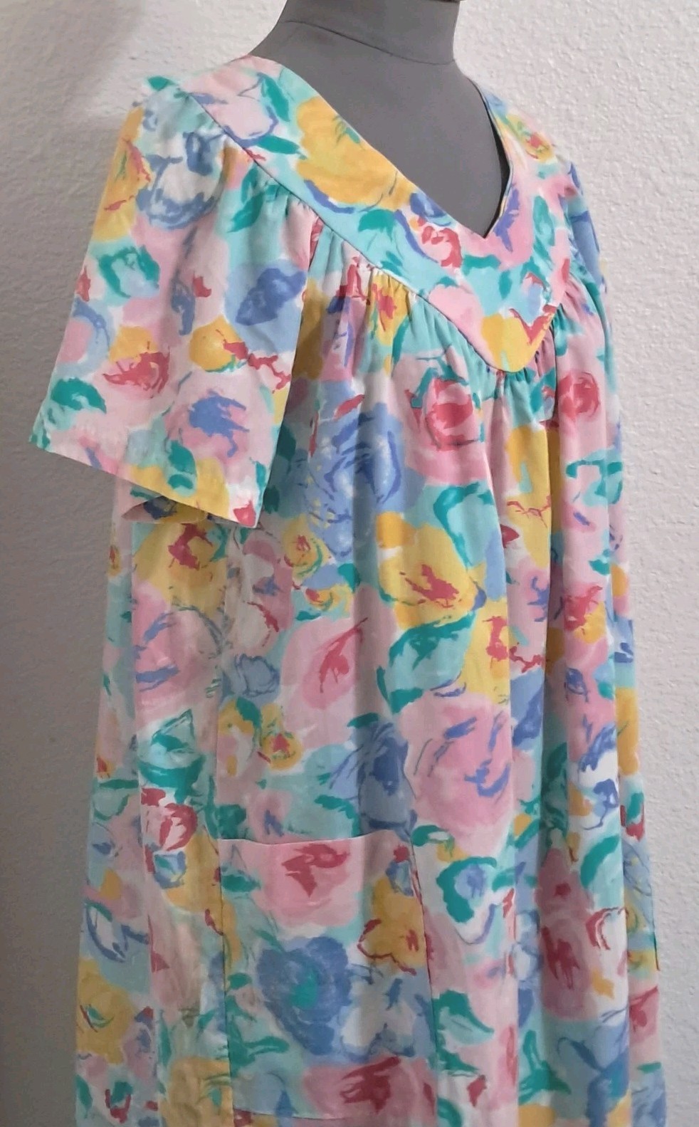 Vintage Cotillion Muumuu House Dress Pastel Watercolor Floral Print Pockets XL