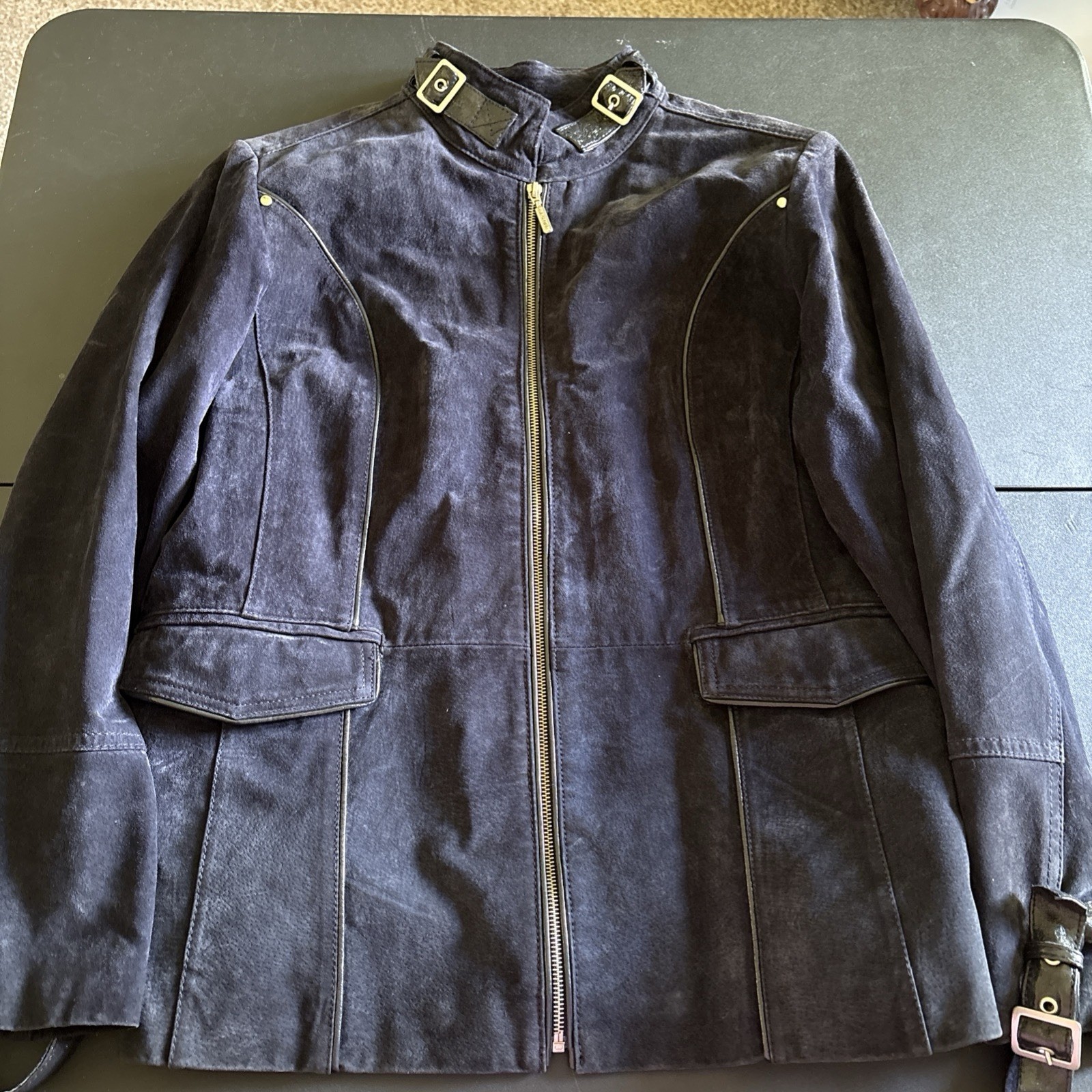 Vintage Bradley Bayou Navy Blue Suede Leather Jacket Plus Size 1X Zipper