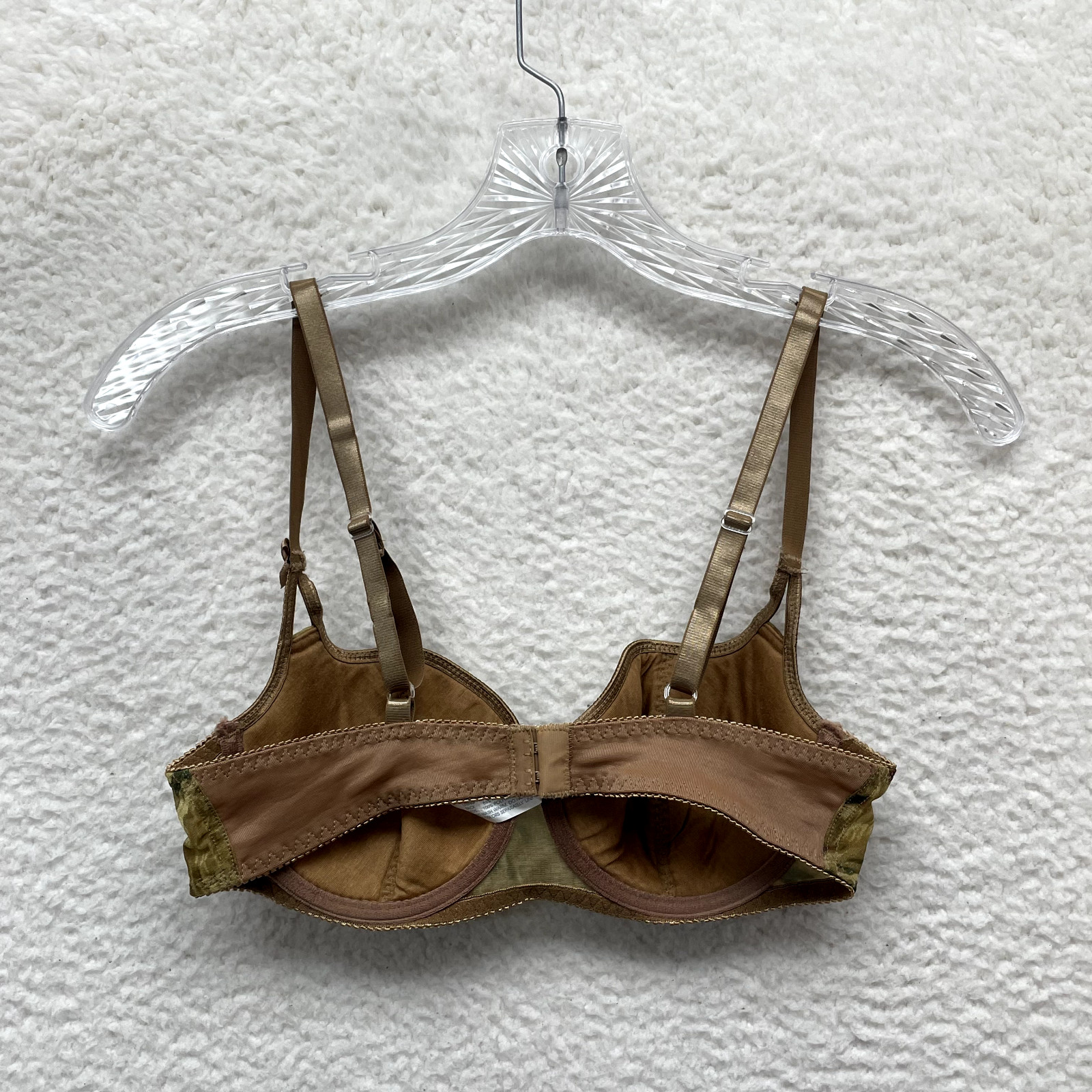 Vintage Bra 34C Balconette T-Shirt Tan Green Pattern Bow Underwire Lingerie Sexy
