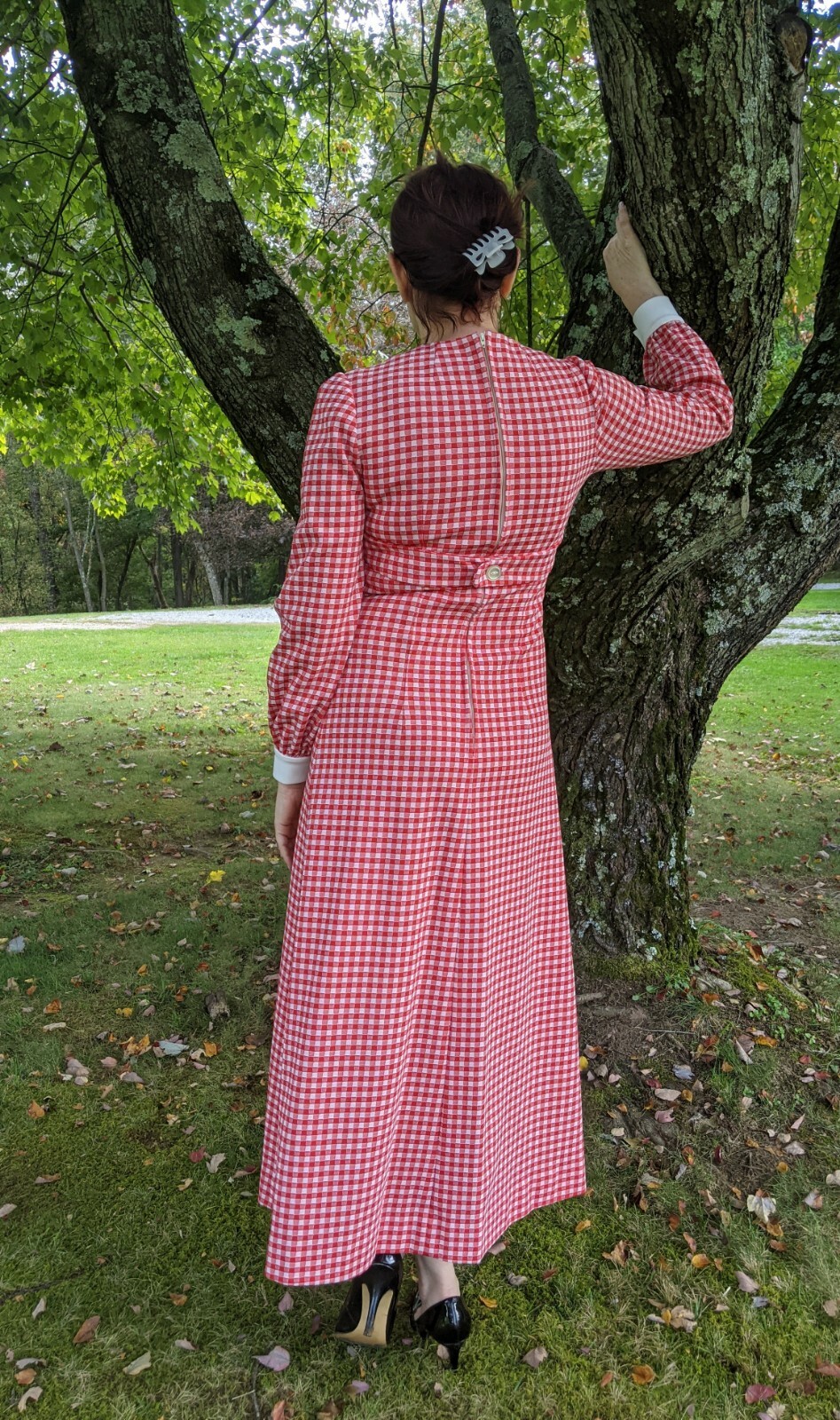 Vintage 1970s Primitive Country Cottagecore Dress Red Check Gingham Sz S