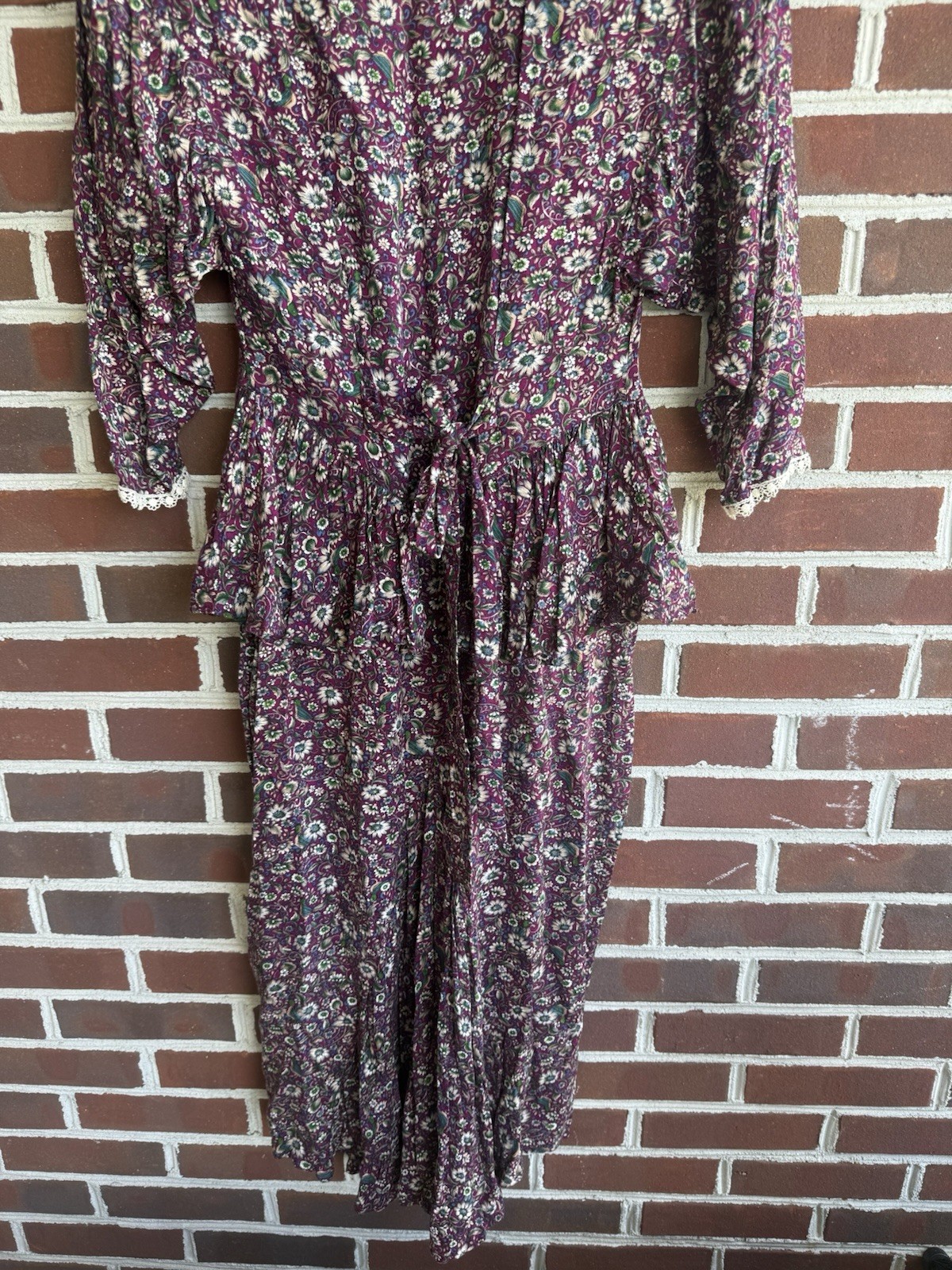 Vintage 80s Moonglow Floral Prairie Dress Small Lace Trim Drop Waist Peplum