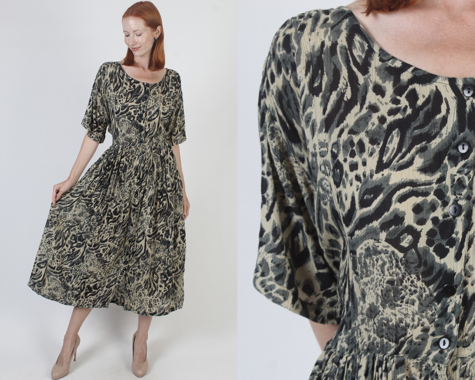 Vintage 90s Animal Print Dress Button Up Baggy Babydoll Skater Gypsy Grunge M