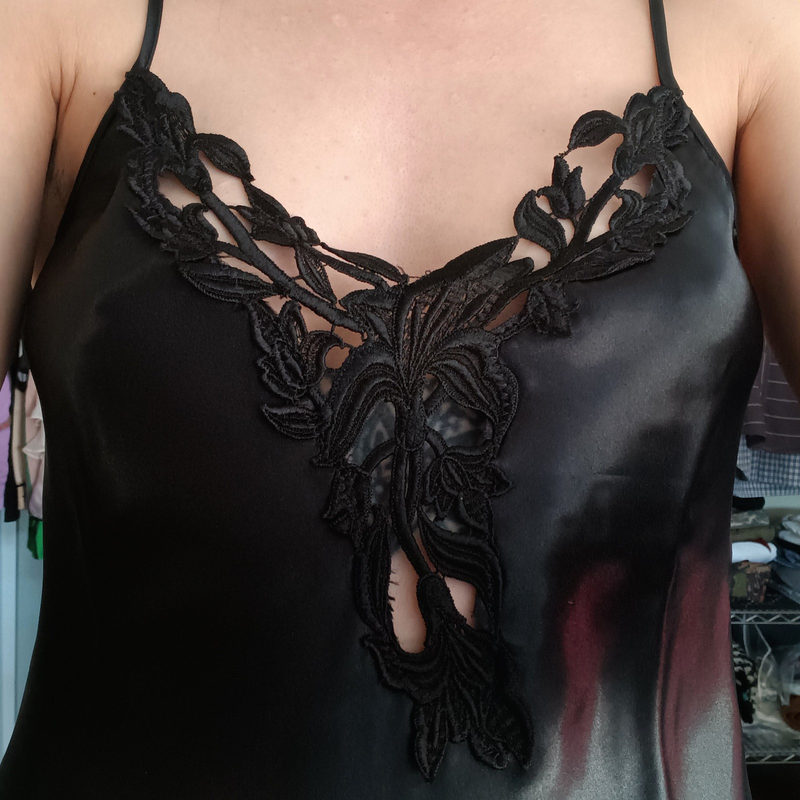 Vintage 80s Dentelle Black Chemise Dress Women’s Small Spaghetti Strap Lace…