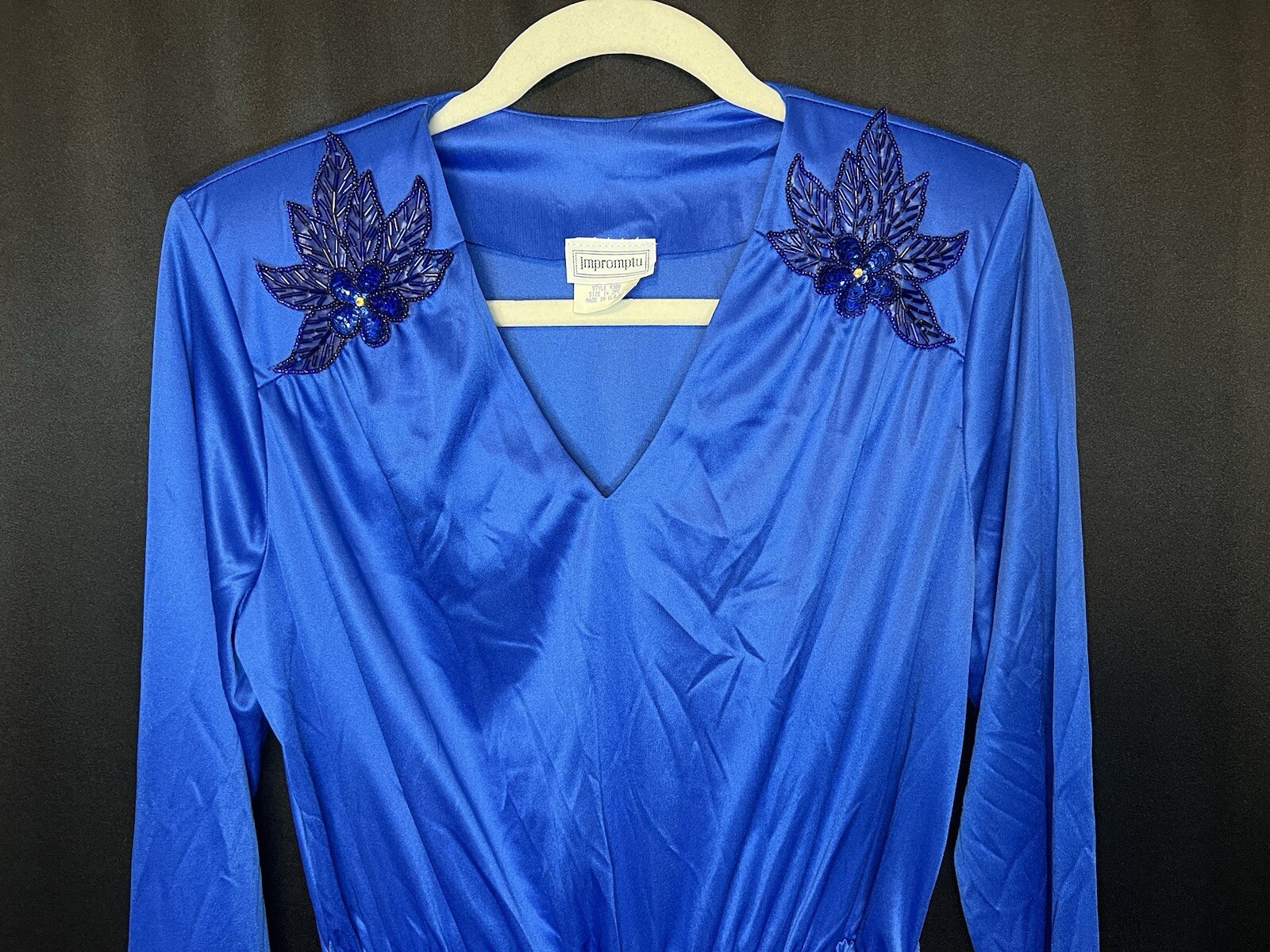 VTG Impromptu Belted Satin Chic Blue Dress Embellished Bejeweled Floral Accents