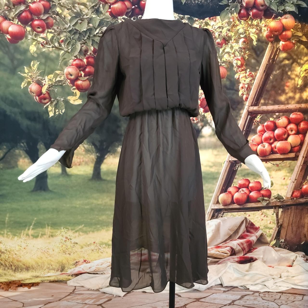 Vintage 1970s Brown Chiffon Gathered Skirt Pleated Midi Dress Gown Long Sleeve