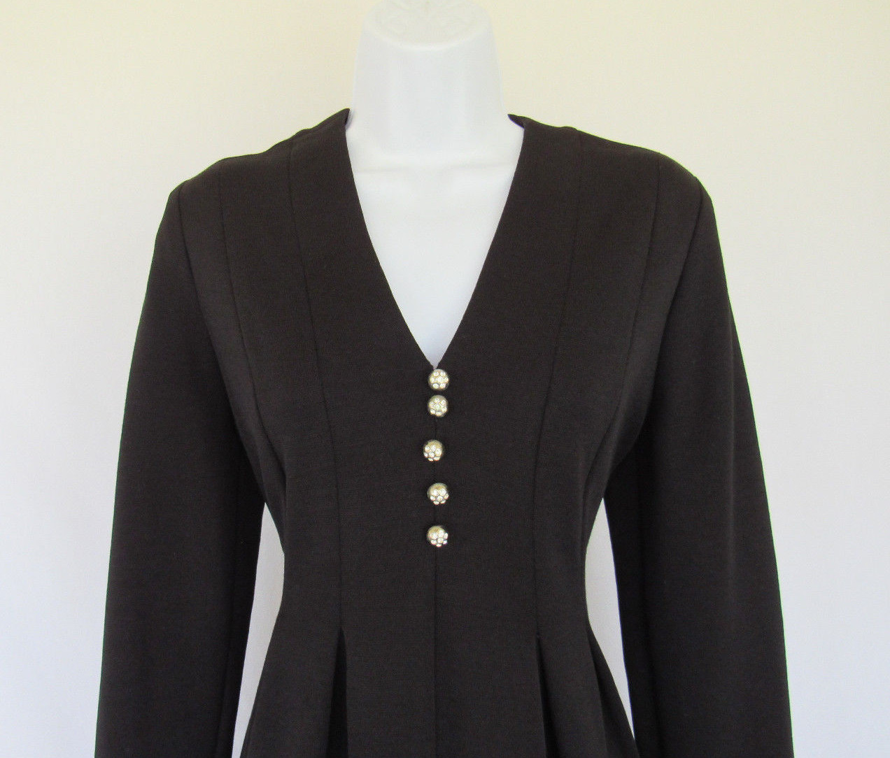 VTG 1960s DAVID WARREN NEW YORK DRESS BLACK RHINESTONE BUTTONS SIZE 14 POLY WOOL