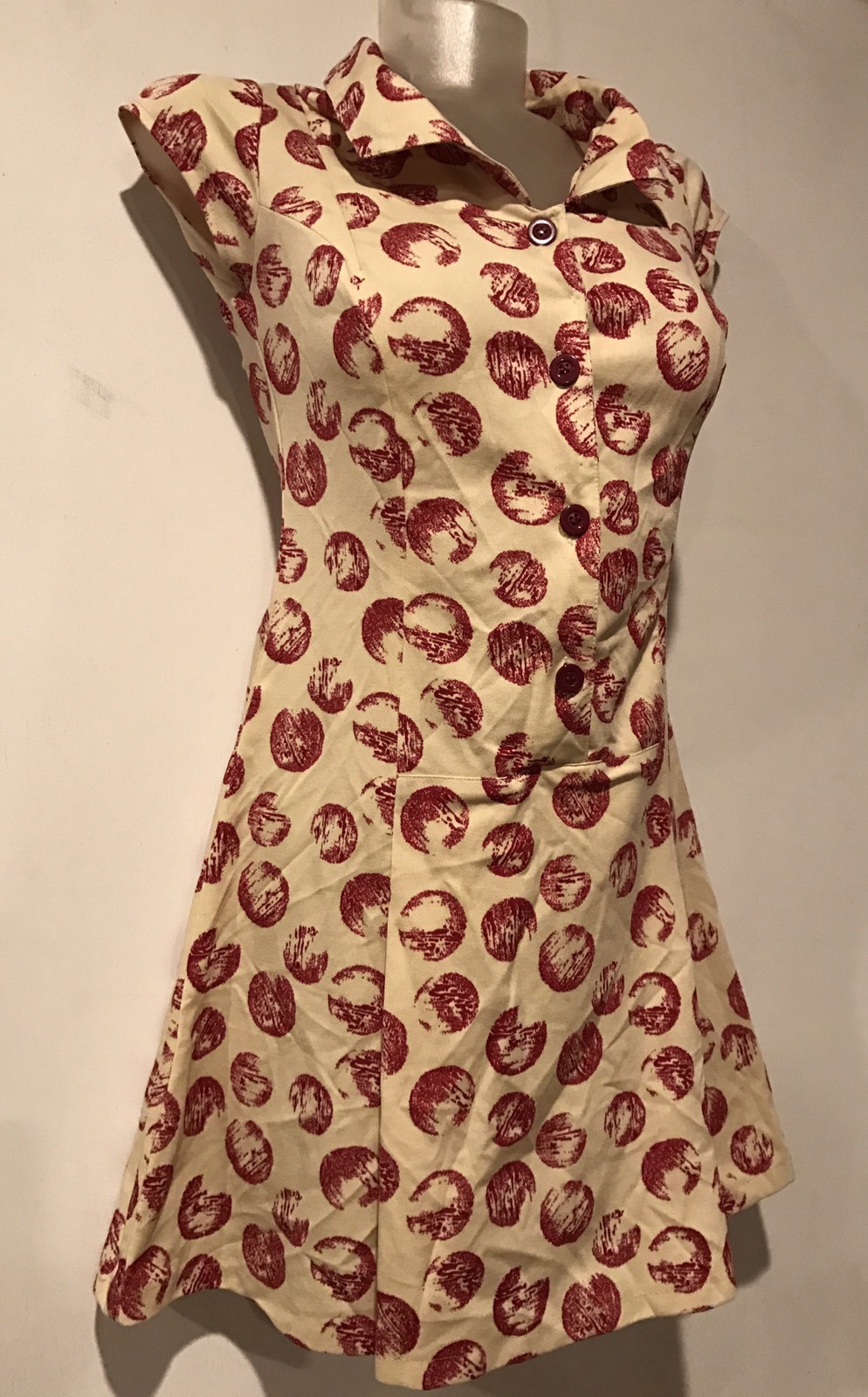 vintage 60’s stretchy walnut polka dot kawaii A line skater MOD mini dress S / M