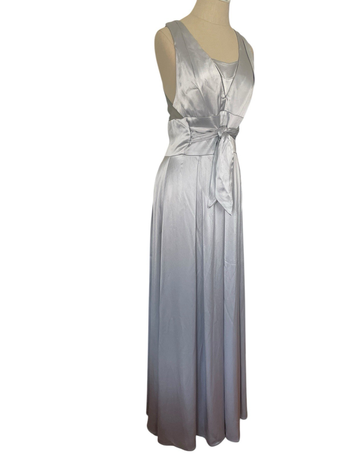Vtg 90s A.B.S Allen Schwartz Satin Silver Dress Gown Y2K Old Hollywood Glam Sz 8