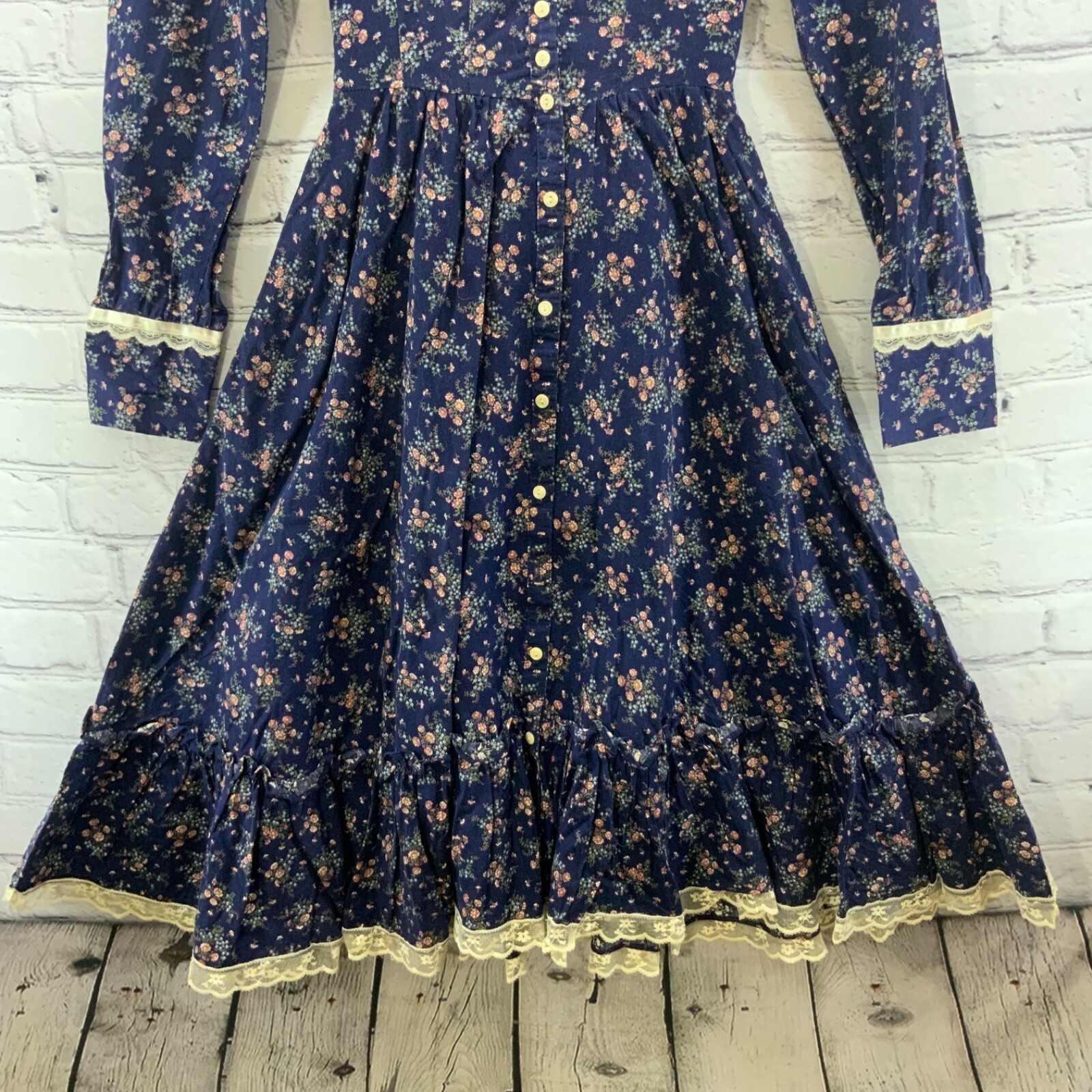 Gunne Sax Dress Vtg 70’s Prairie Cottagecore Blue Floral Romantic Lace XS Jr 5