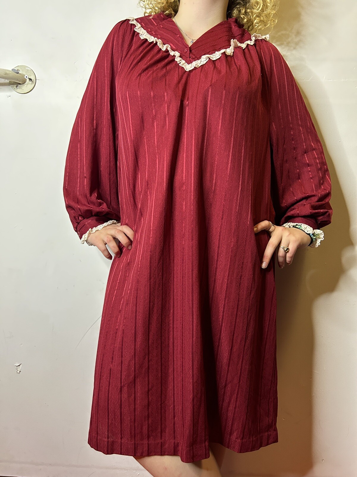 Vintage Australian ARC 80s Burgundy Midi Trapeze Dress Lace Yoke Pinstripe AU 14