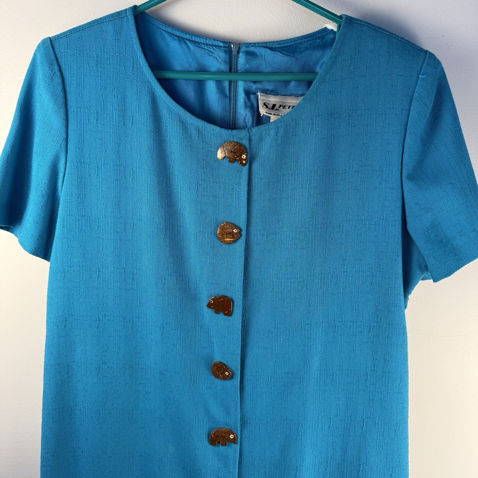 Vintage S.L. Petites Dress Size 12P Wood Buttons Made In USA One- Piece Zip Back