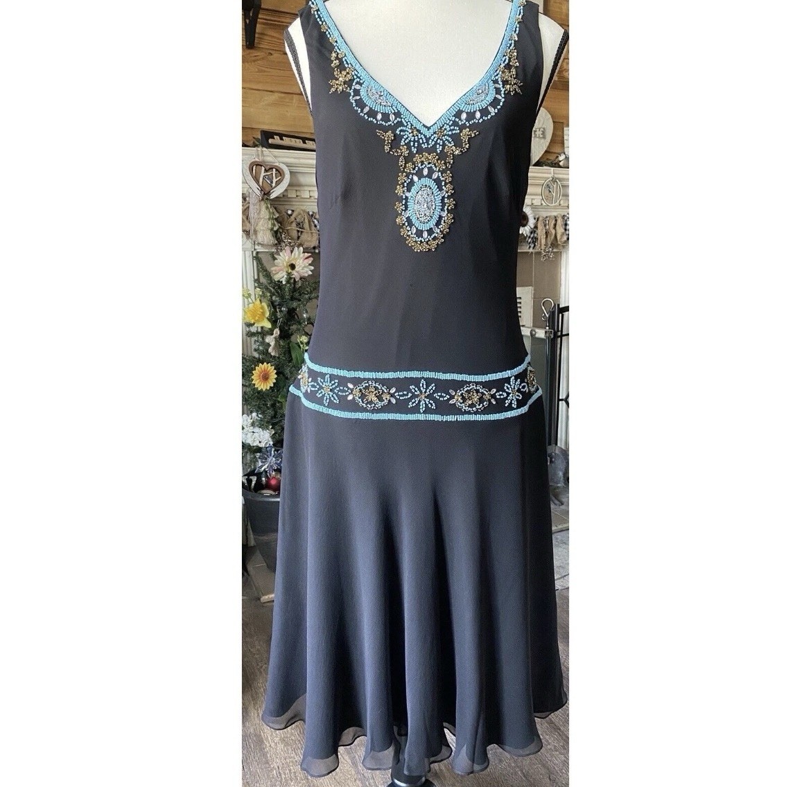 Vtg Vera Chris 100% Silk Bded Flapper Drs Sz 8 Blk Turq Art Deco Gatsby Drop Wai