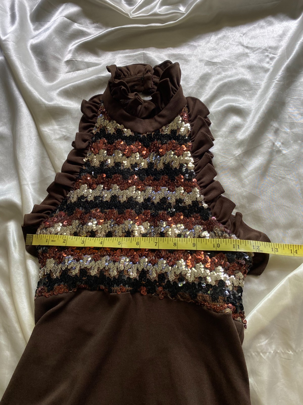 Vintage 1970s Brown Sequin Halter Ruffle Prom Gown Boho Disco XS/S