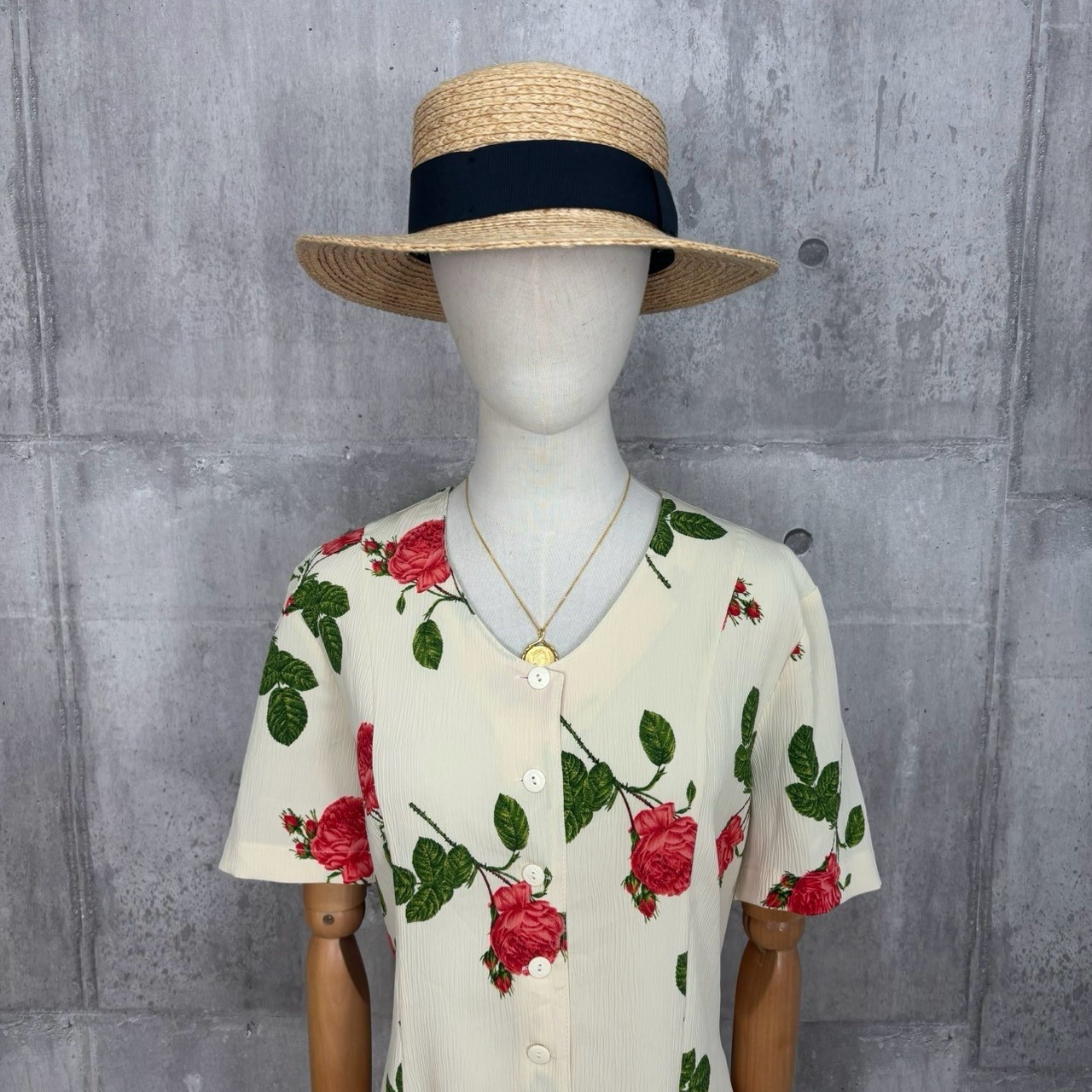 Vintage Ivory Red Rose Floral Maxi Dress Button Front Cottagecore Romantic 90s
