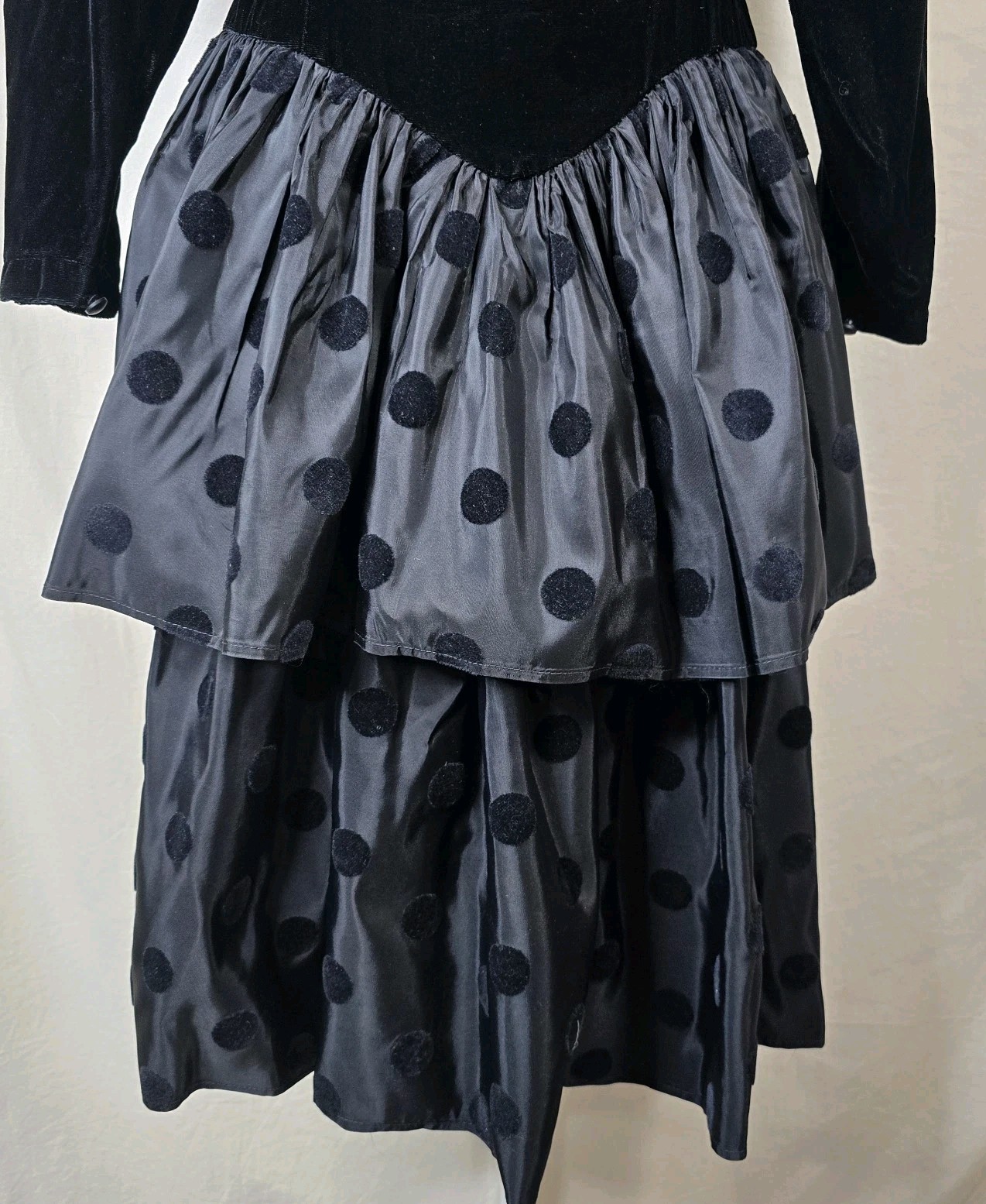 VTG Donna Morgan Party Dress 5/6 Black Velvet Top Ruffle Tiered Taffeta Skirt