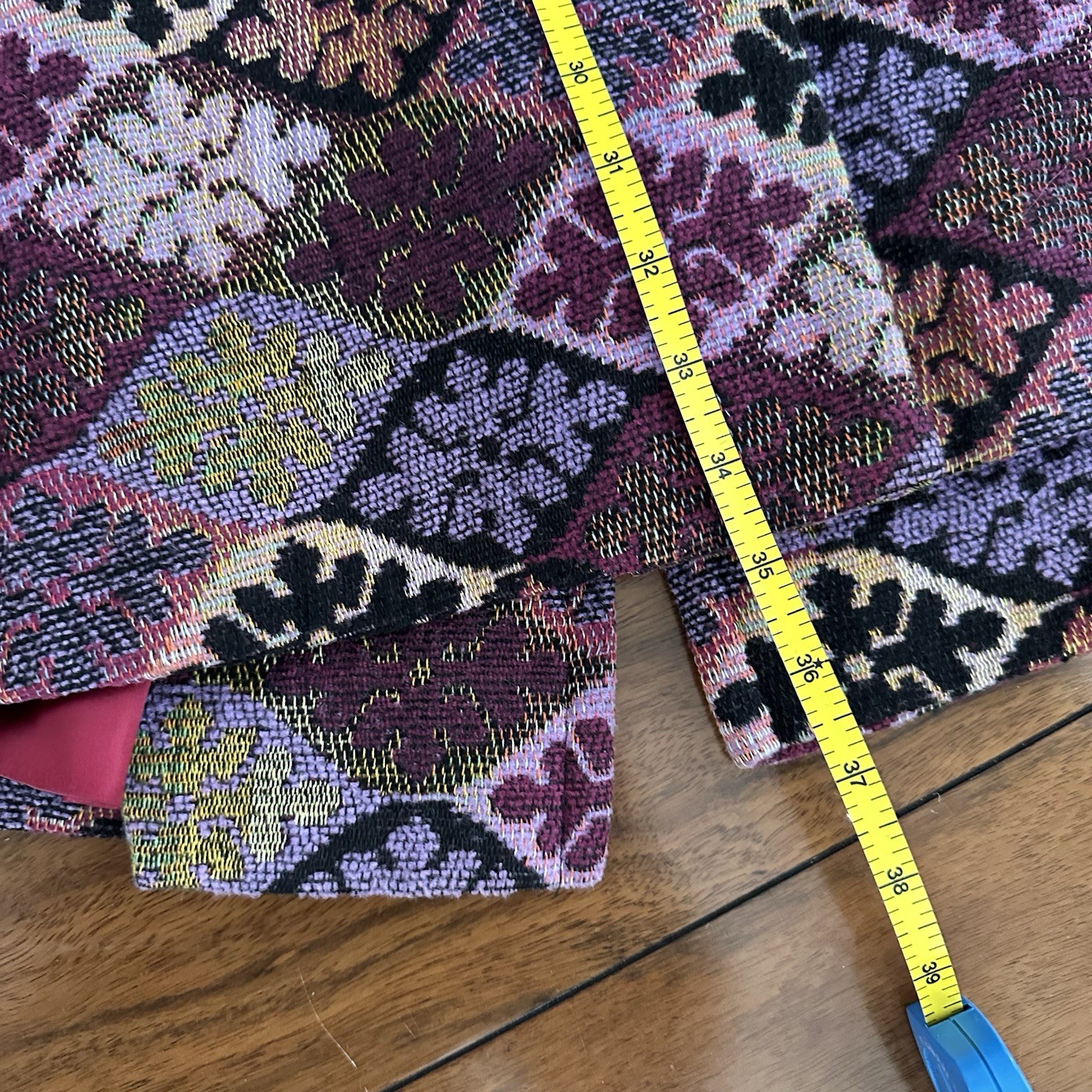 Vintage Tapestry Carpet Bag Long Coat Womens Purple Mosaic Belted 70s Boho Hippy