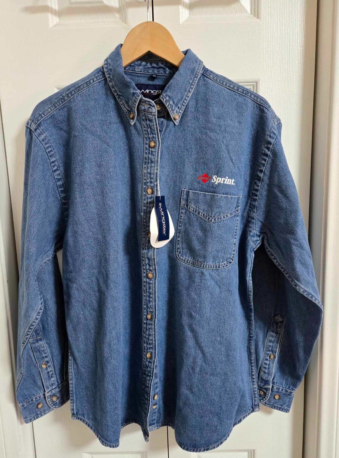 Vintage Swingster Sprint Denim Shirt Button M Workwear Women’s Long Sleeve Blue
