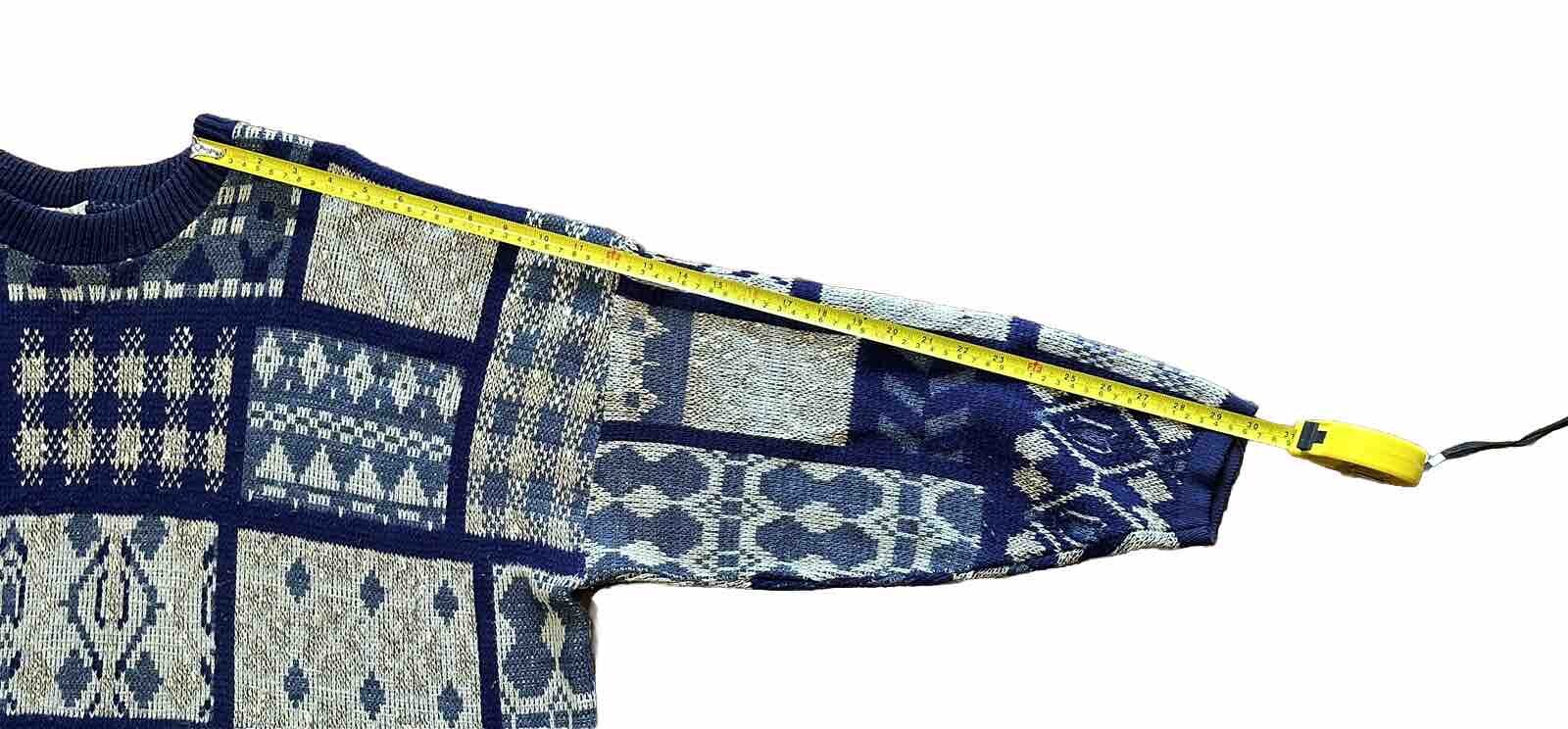 Vtg Y2K Arielle Women Sweater XXL Granny Knit Quilt Square Crewneck Blue READ