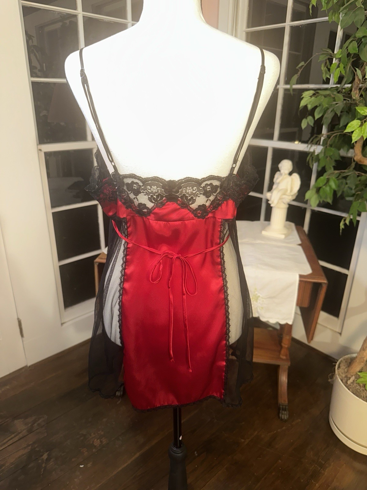Vintage 90s Red Black Lace Babydoll Chemise Lingerie Sheer Cutout Negligee Large