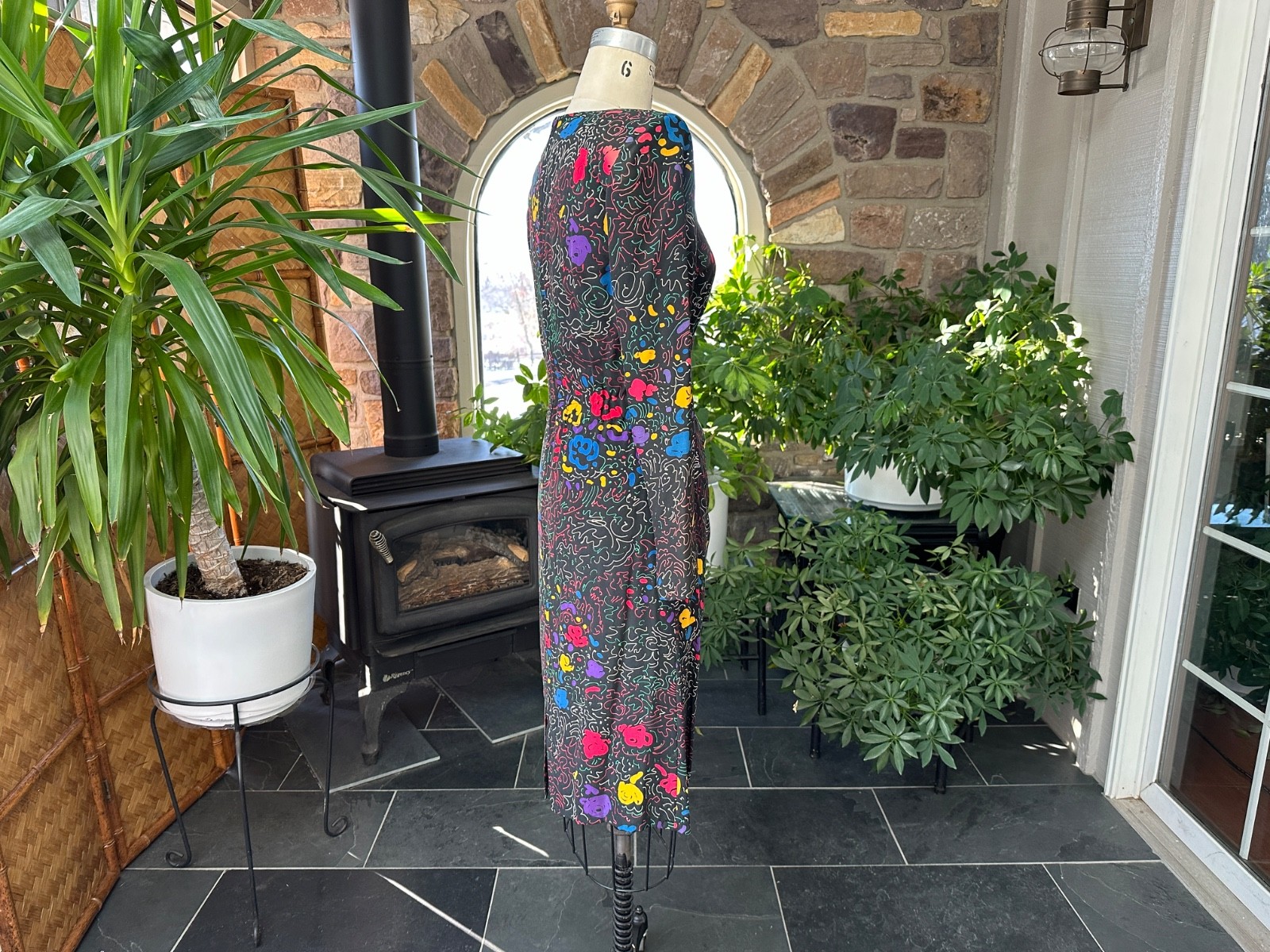 Vintage 1990s Black and Primary Color Abstract Silk Sarong Style Dress Nora Noh