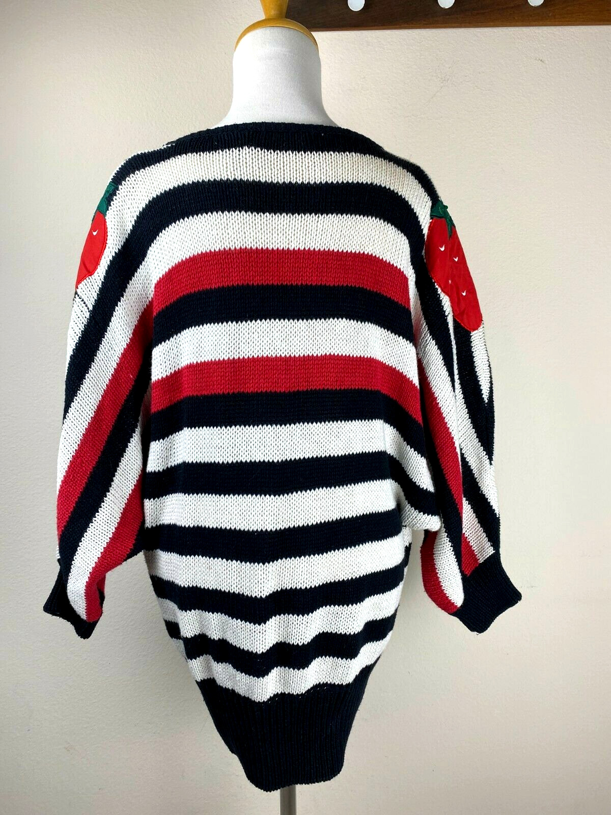 VTG 80s Bonnie Boerer Grannycore Batwing Chunky Sweater S Red Black Striped Knit