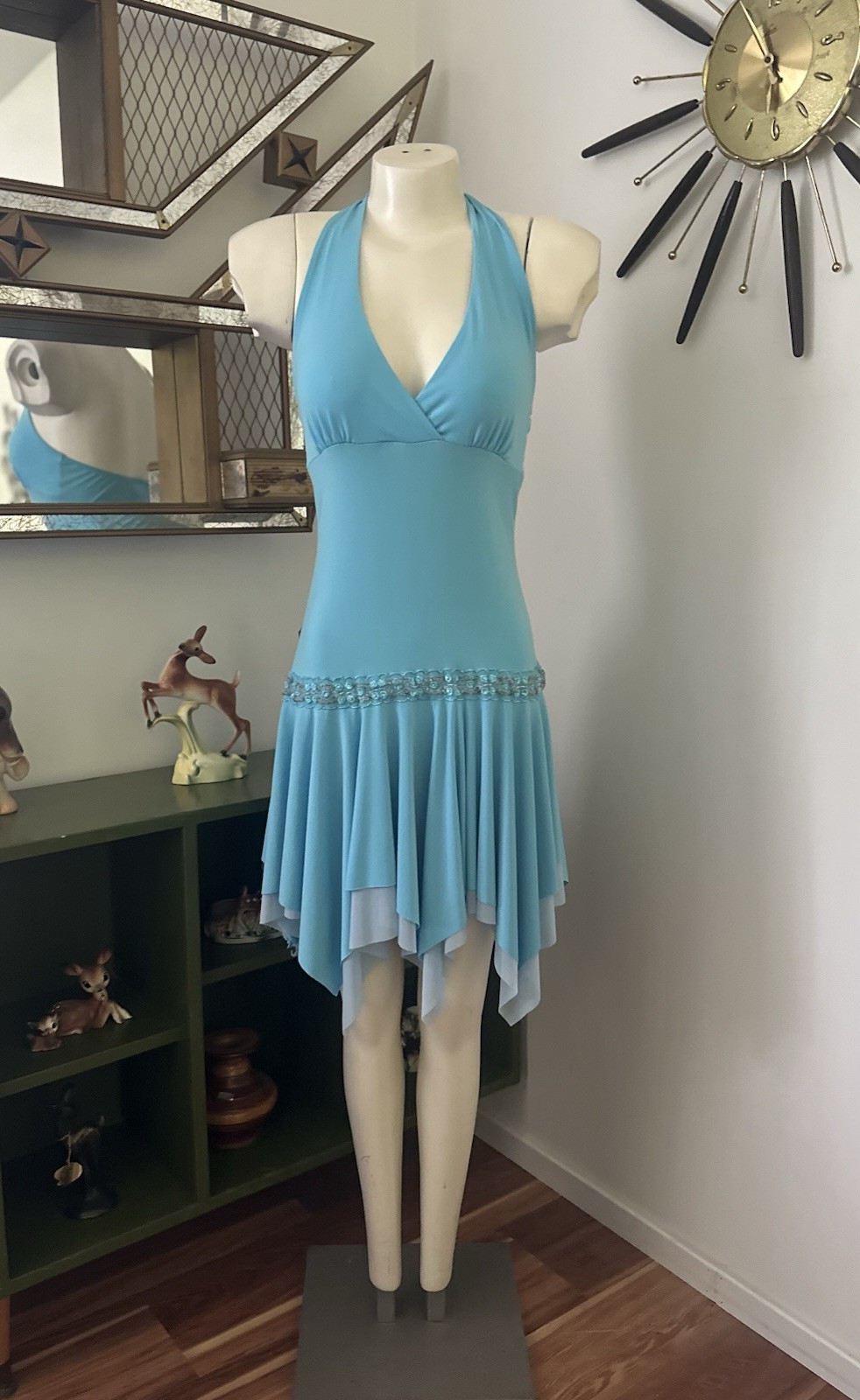 Vintage Y2K Taboo Blue Mini Halter Dress Asymmetrical Fairy Gem Sz M