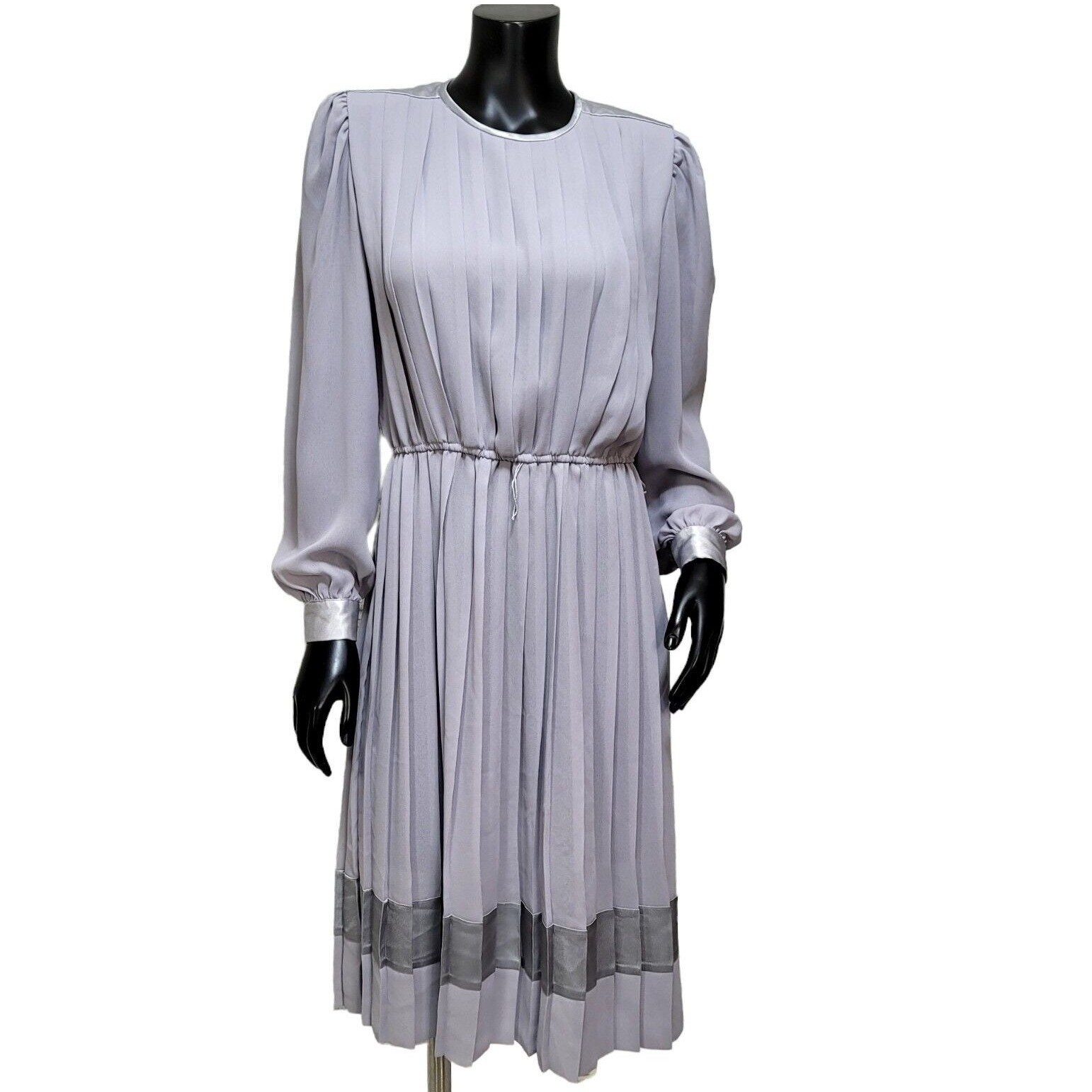 Dim The Lites Petites Lavender Grey Pleated Midi Dress Satin Trim Size 6 Vintage