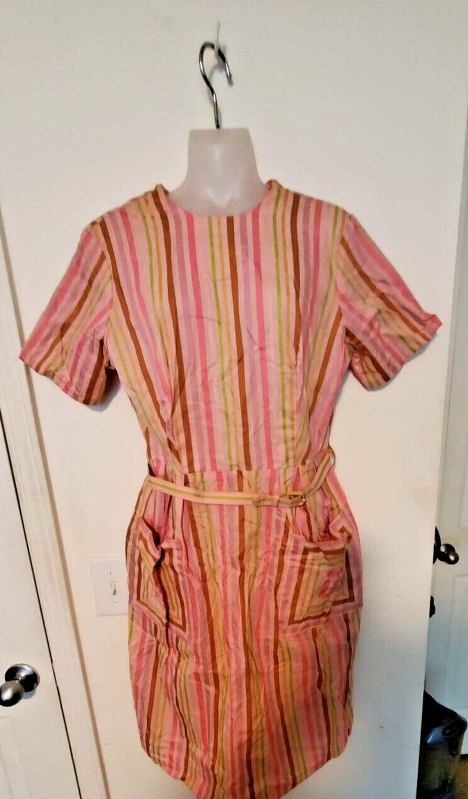 1960’s Candy Strip Fashion Size 14.5 Dress Made USA Multi-Color Pink
