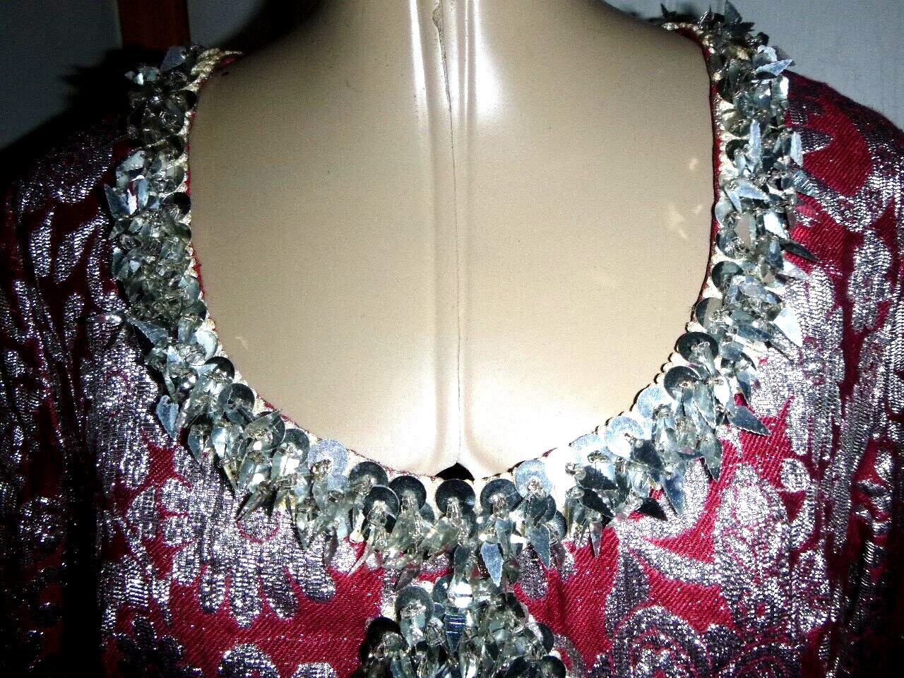 Vintage 60’s Silver Metallic/Burgundy Jacquard Diva Maxi Dress L