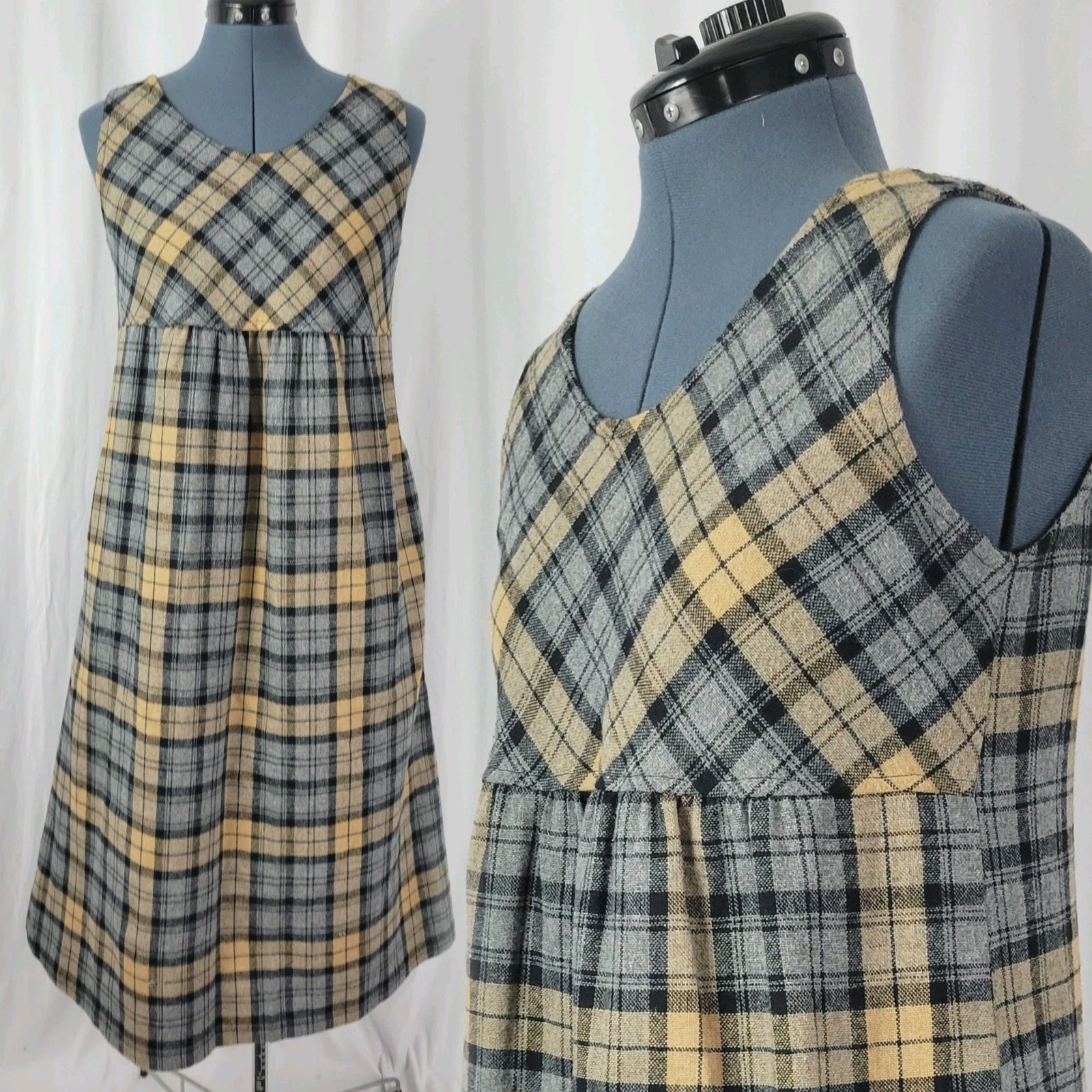 Vintage Toni Lynn Tan & Grey Plaid Wool Blend Jumper w Pockets Size 6