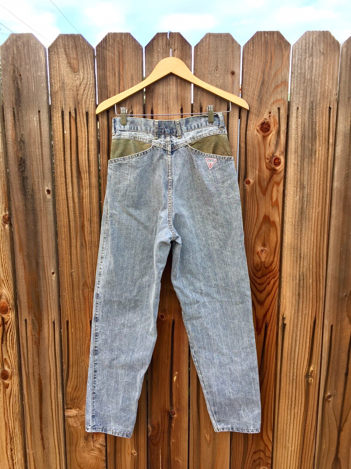 VTG Guess Mom Jeans High Waist Denim Leather USA Georges Marciano Distressed 27